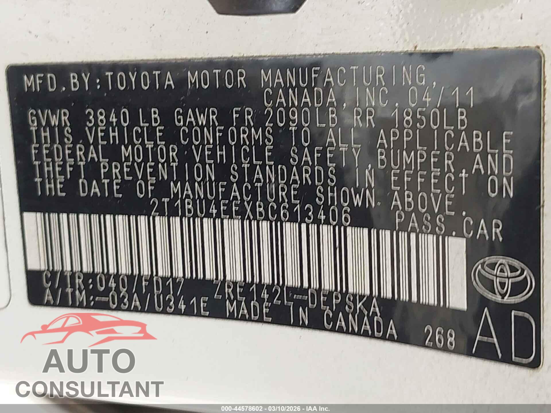 TOYOTA COROLLA 2011 - 2T1BU4EEXBC613406