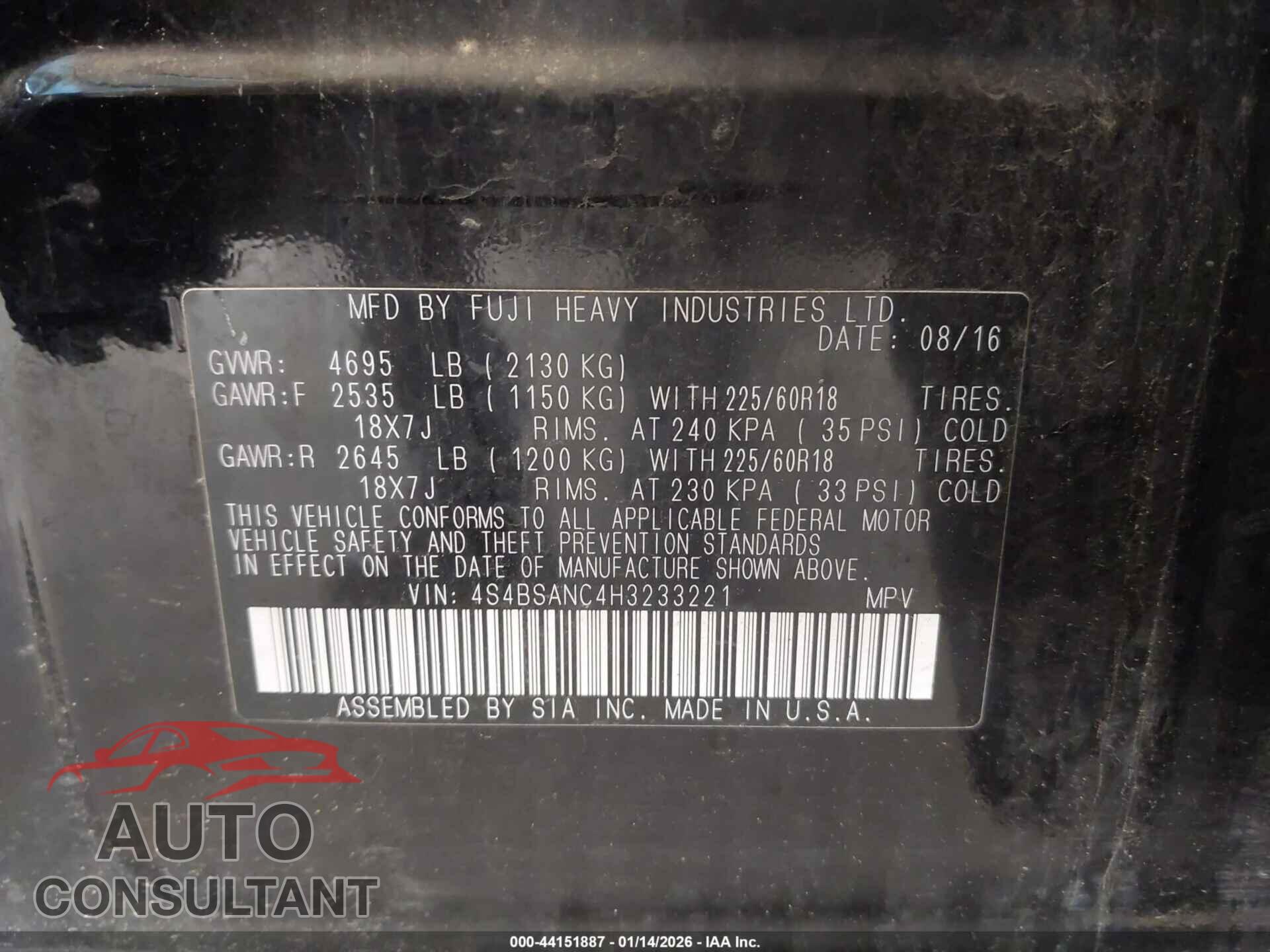 SUBARU OUTBACK 2017 - 4S4BSANC4H3233221