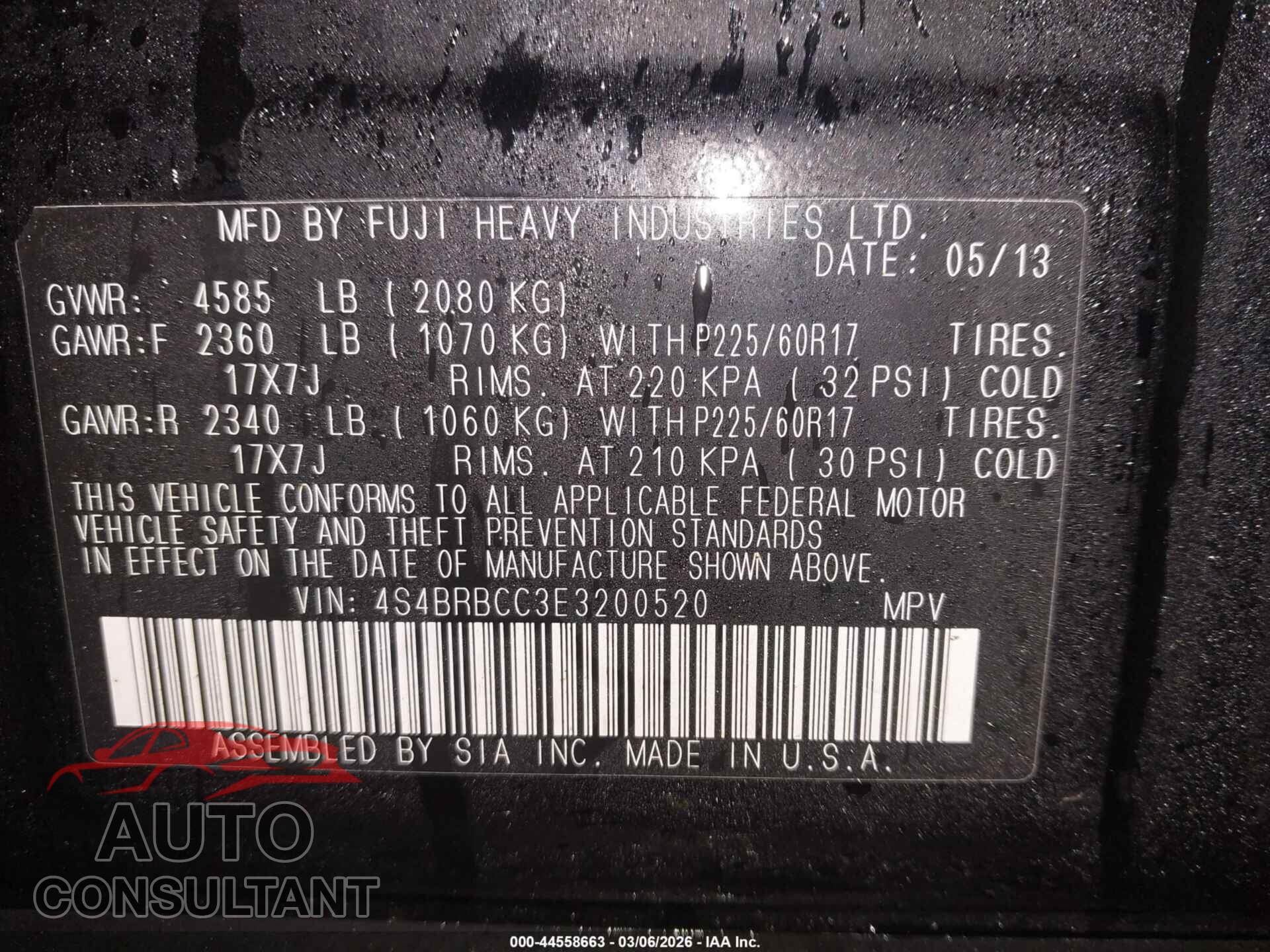 SUBARU OUTBACK 2014 - 4S4BRBCC3E3200520