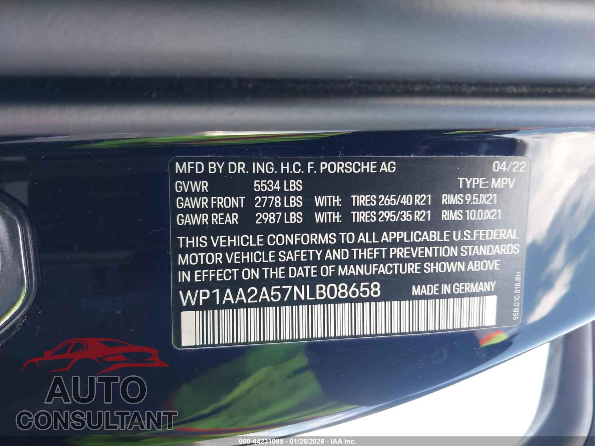 PORSCHE MACAN 2022 - WP1AA2A57NLB08658