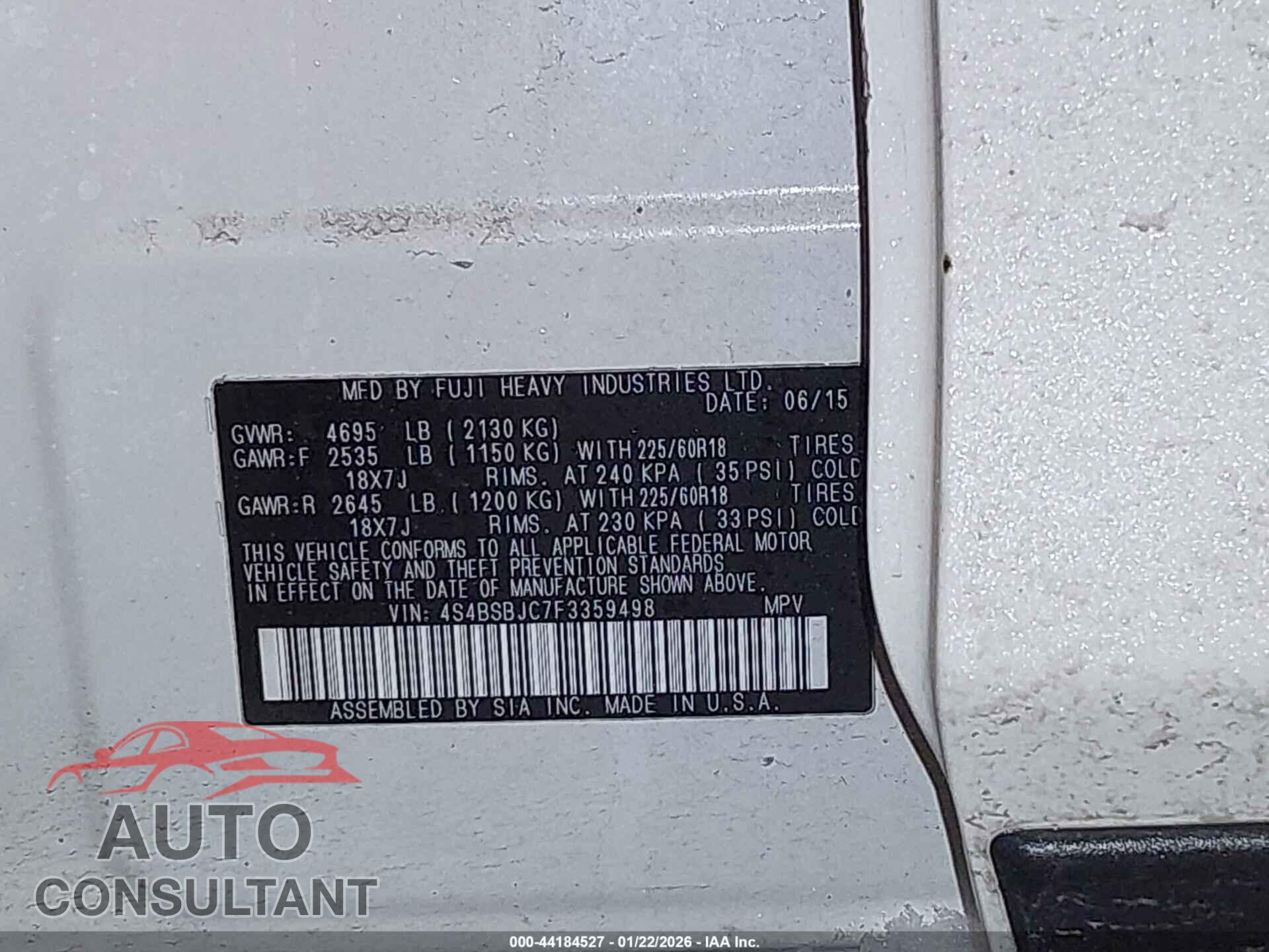 SUBARU OUTBACK 2015 - 4S4BSBJC7F3359498