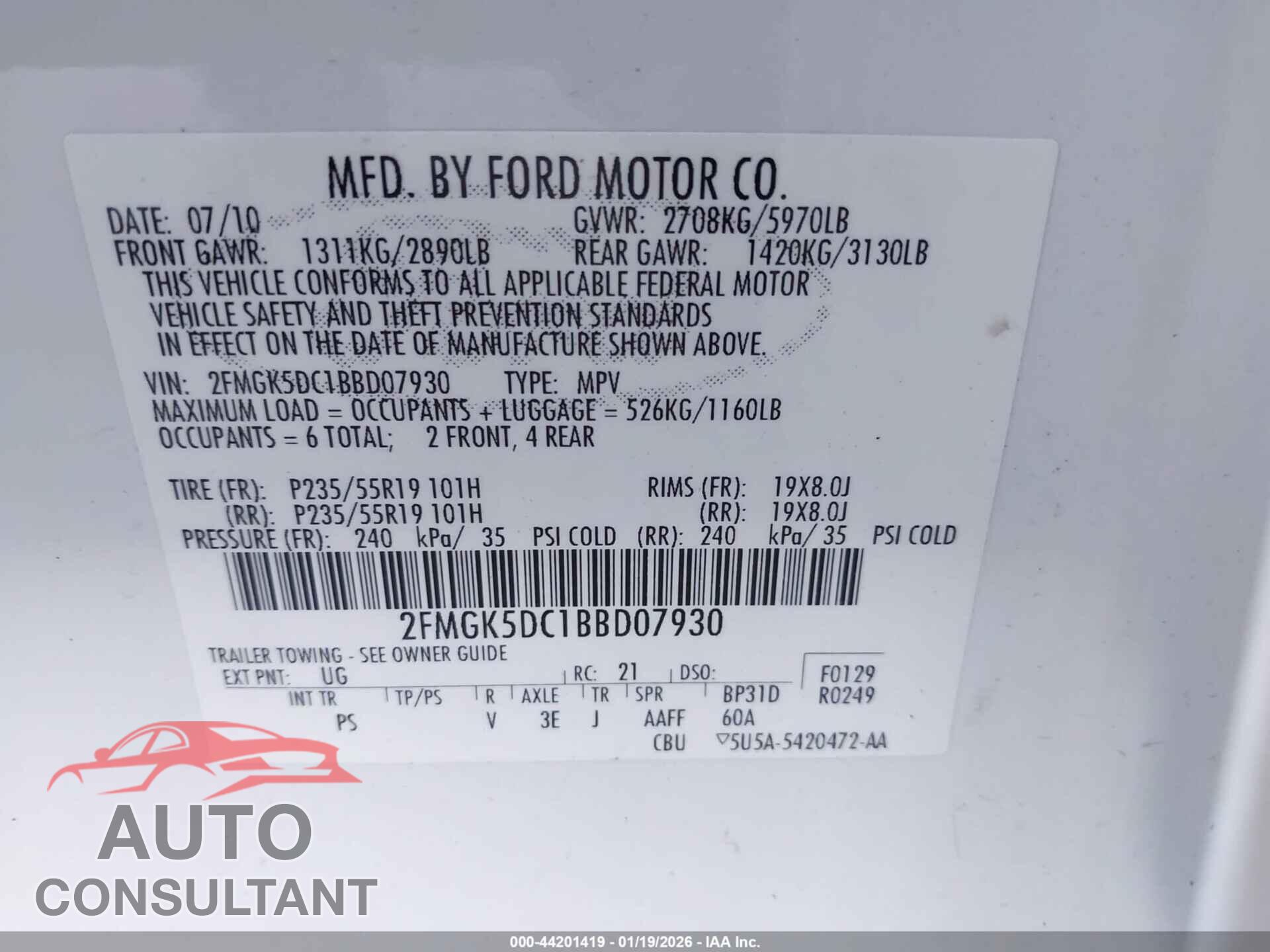 FORD FLEX 2011 - 2FMGK5DC1BBD07930