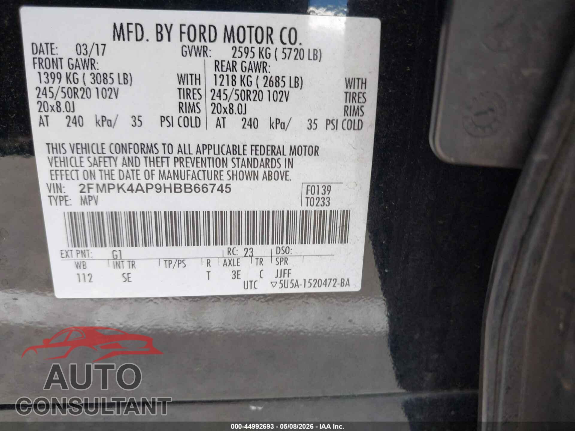 FORD EDGE 2017 - 2FMPK4AP9HBB66745