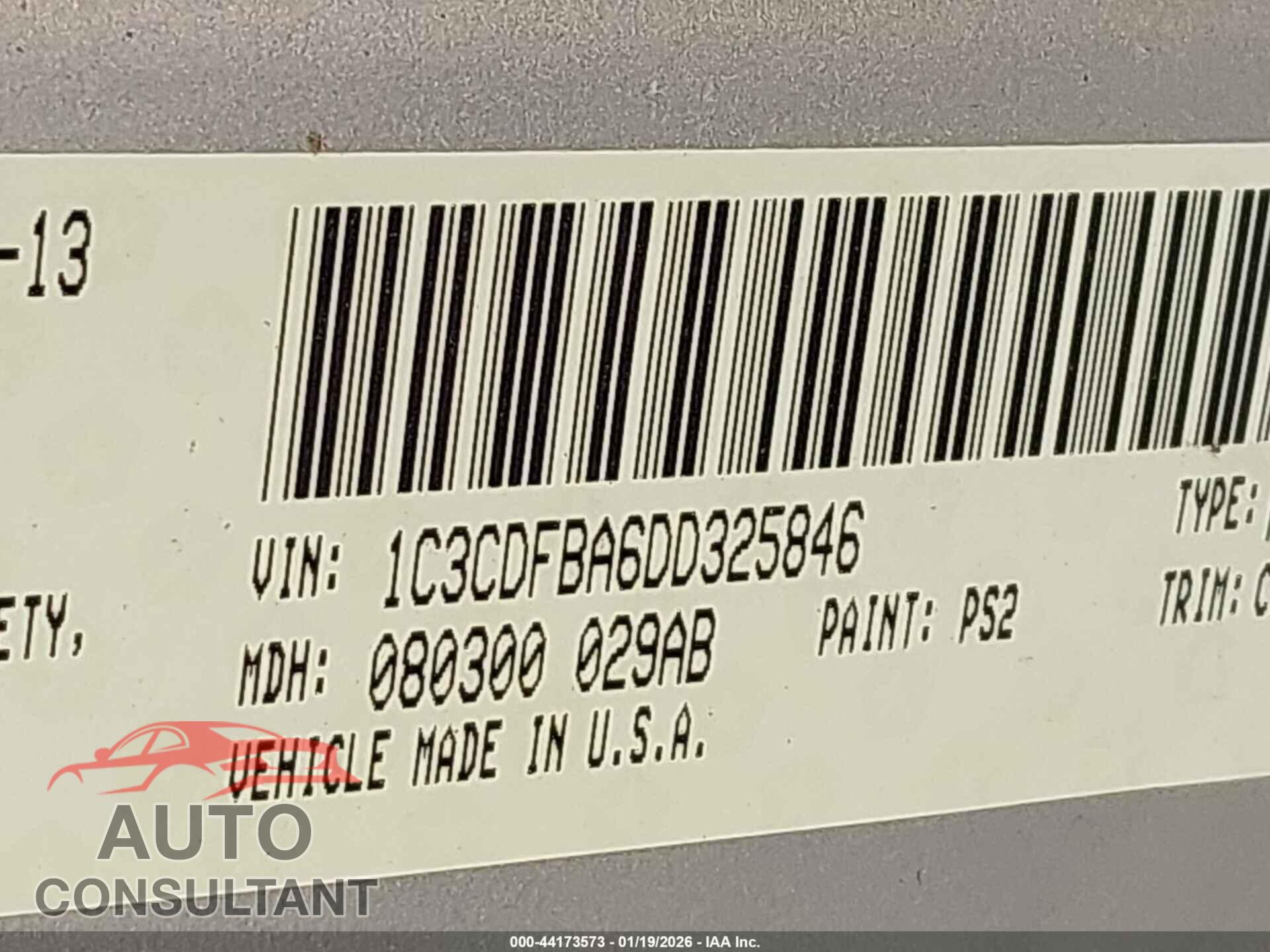 DODGE DART 2013 - 1C3CDFBA6DD325846