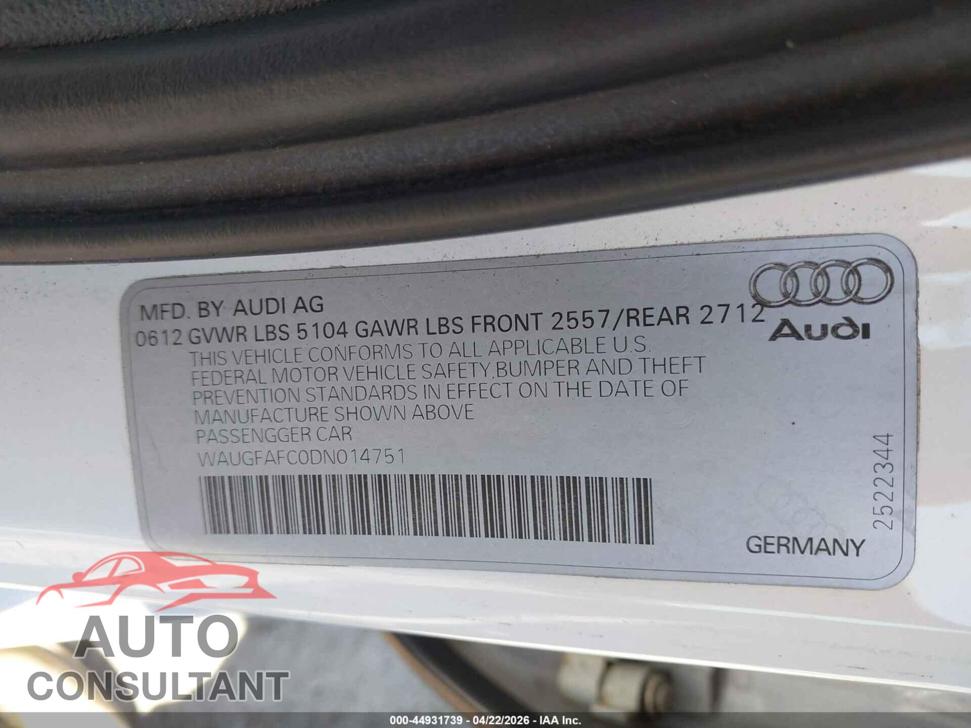 AUDI A6 2013 - WAUGFAFC0DN014751