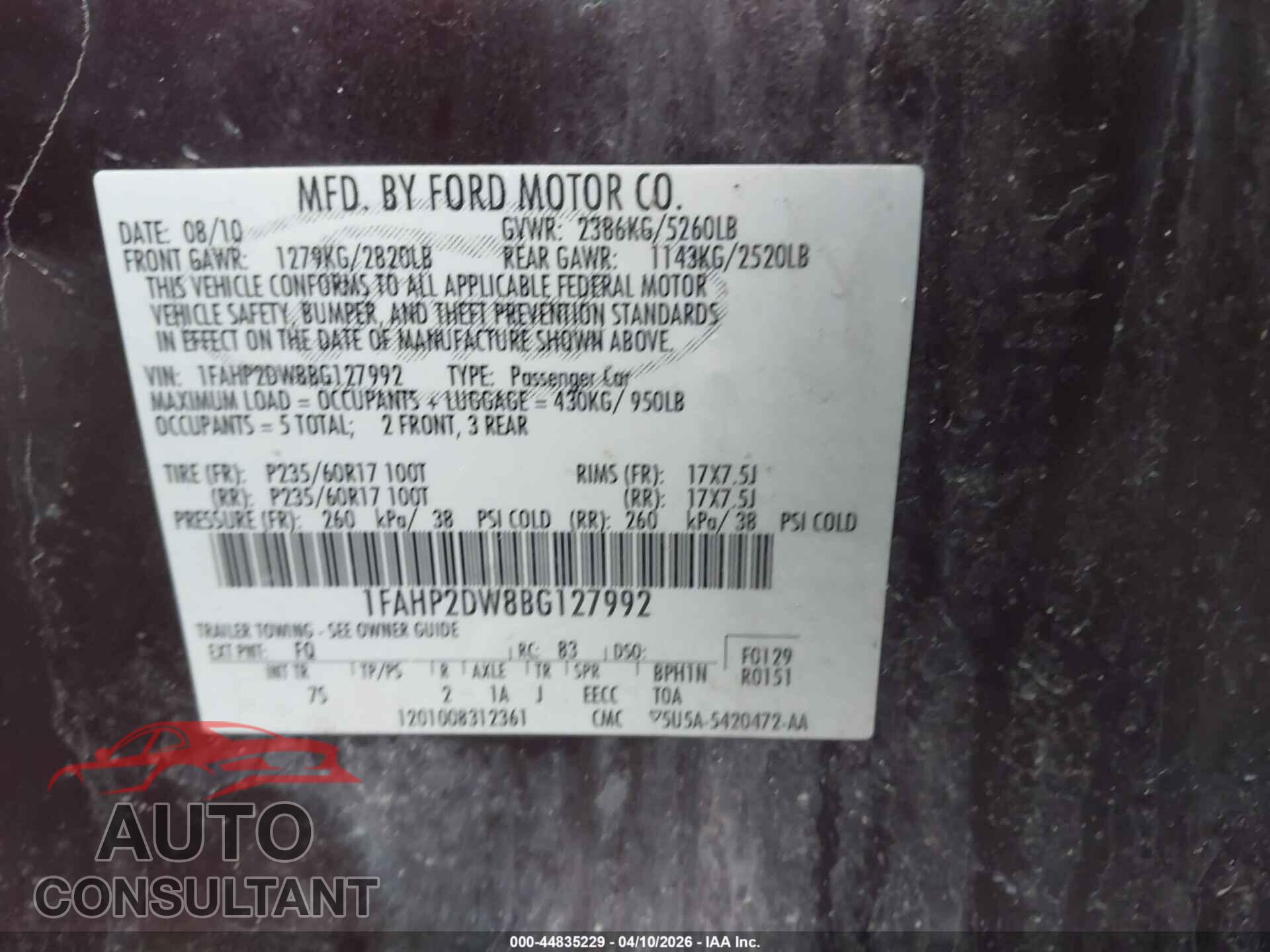 FORD TAURUS 2011 - 1FAHP2DW8BG127992