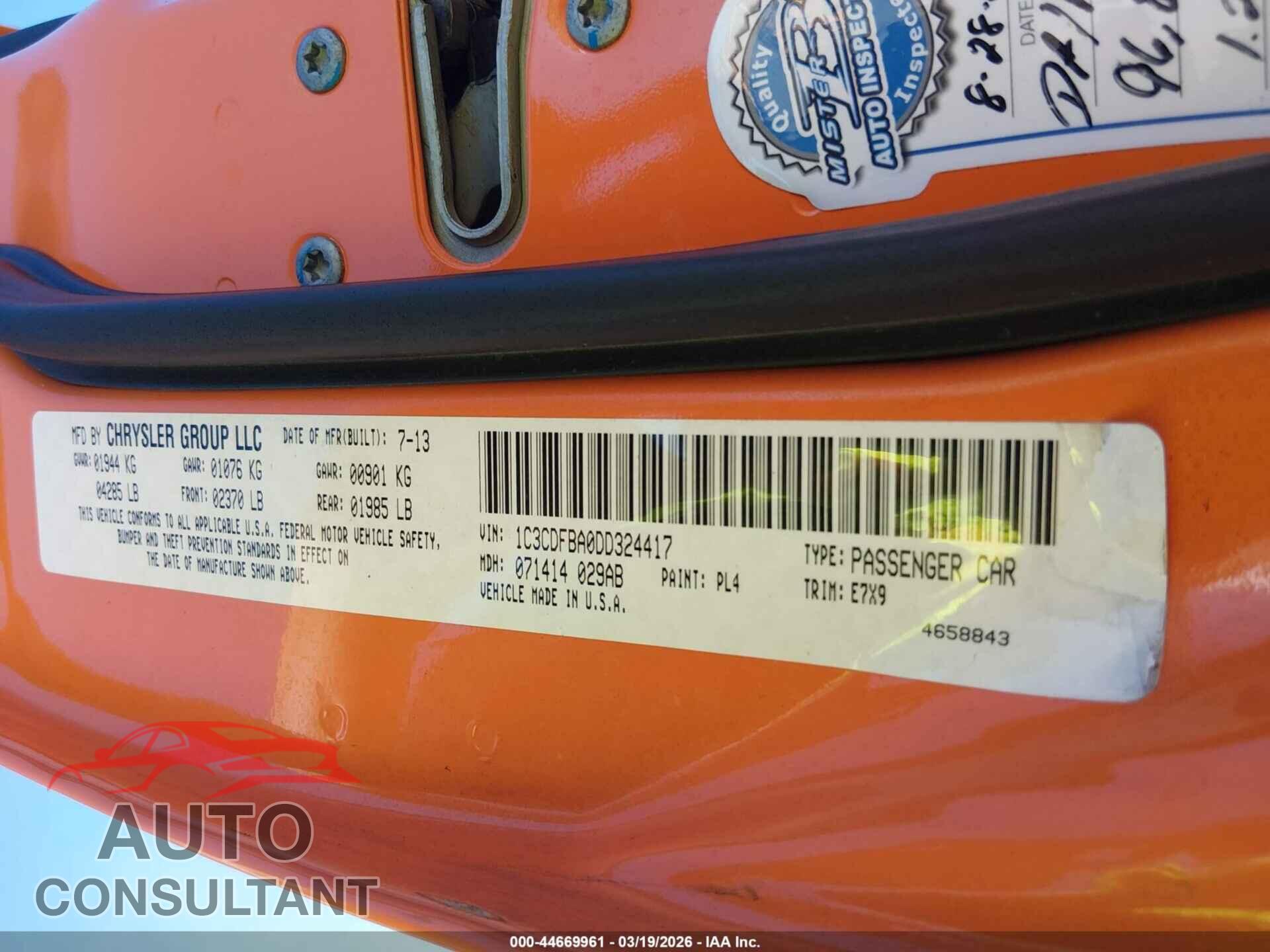 DODGE DART 2013 - 1C3CDFBA0DD324417