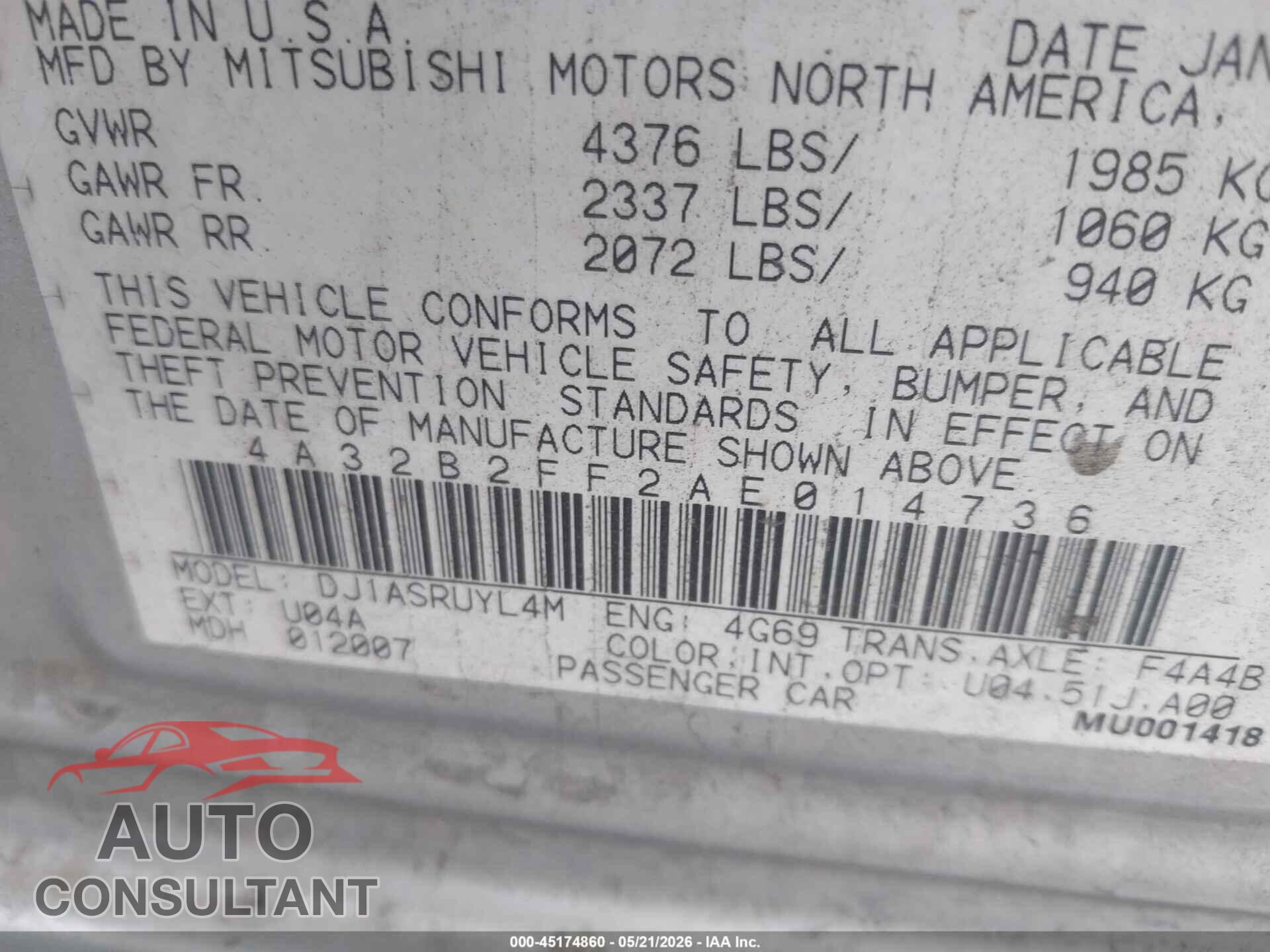MITSUBISHI GALANT 2010 - 4A32B2FF2AE014736