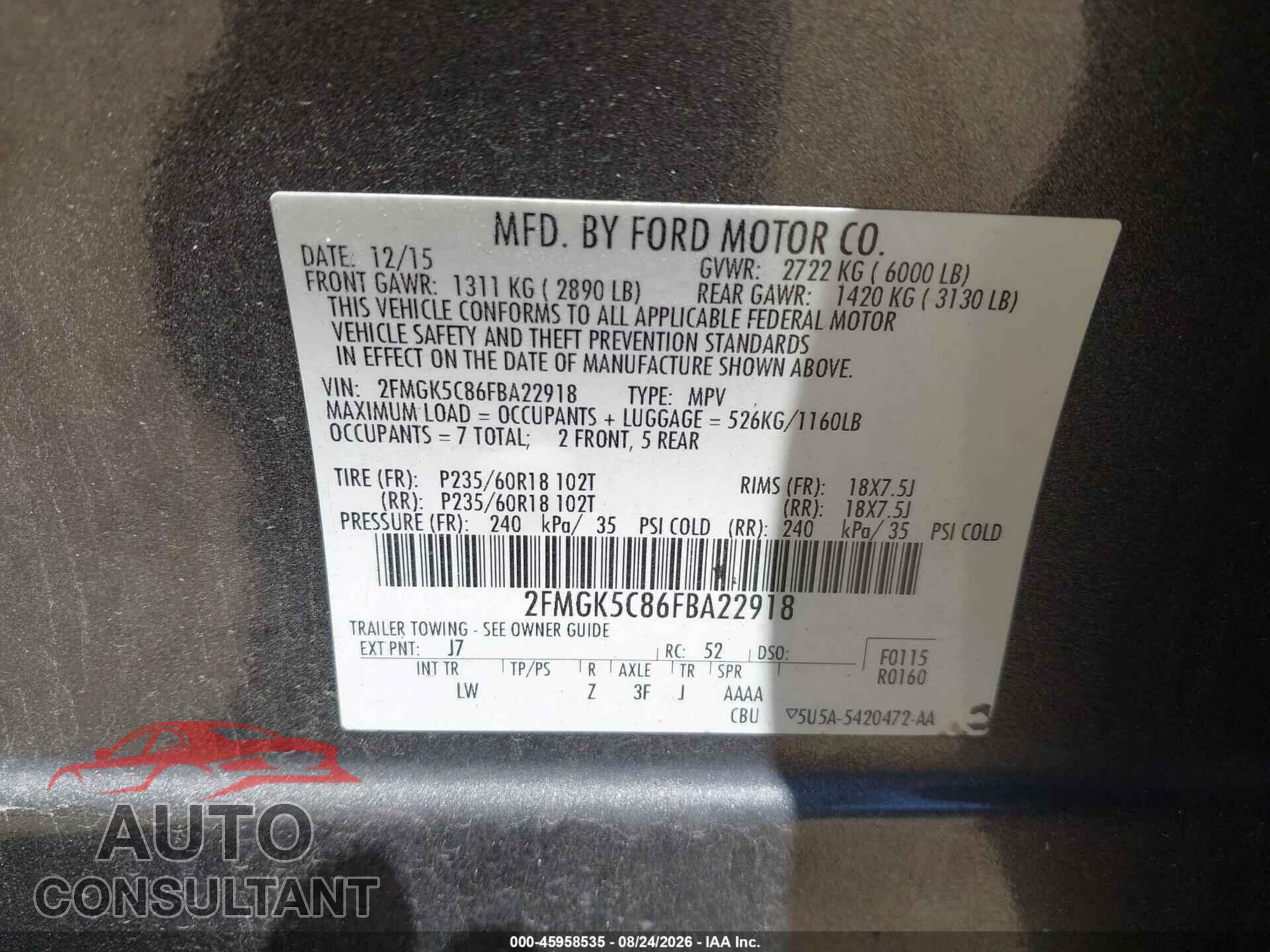 FORD FLEX 2015 - 2FMGK5C86FBA22918