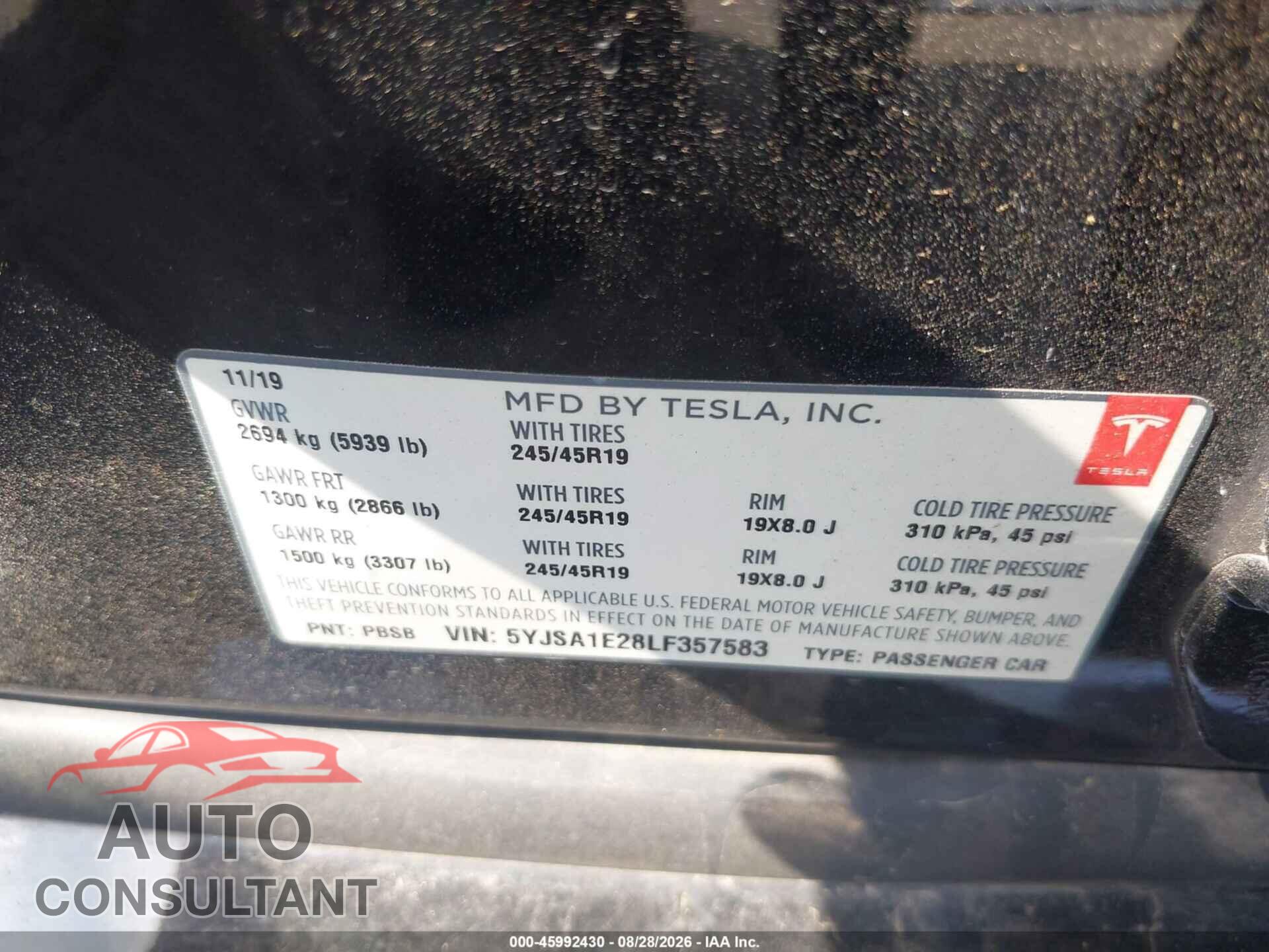 TESLA MODEL S 2020 - 5YJSA1E28LF357583