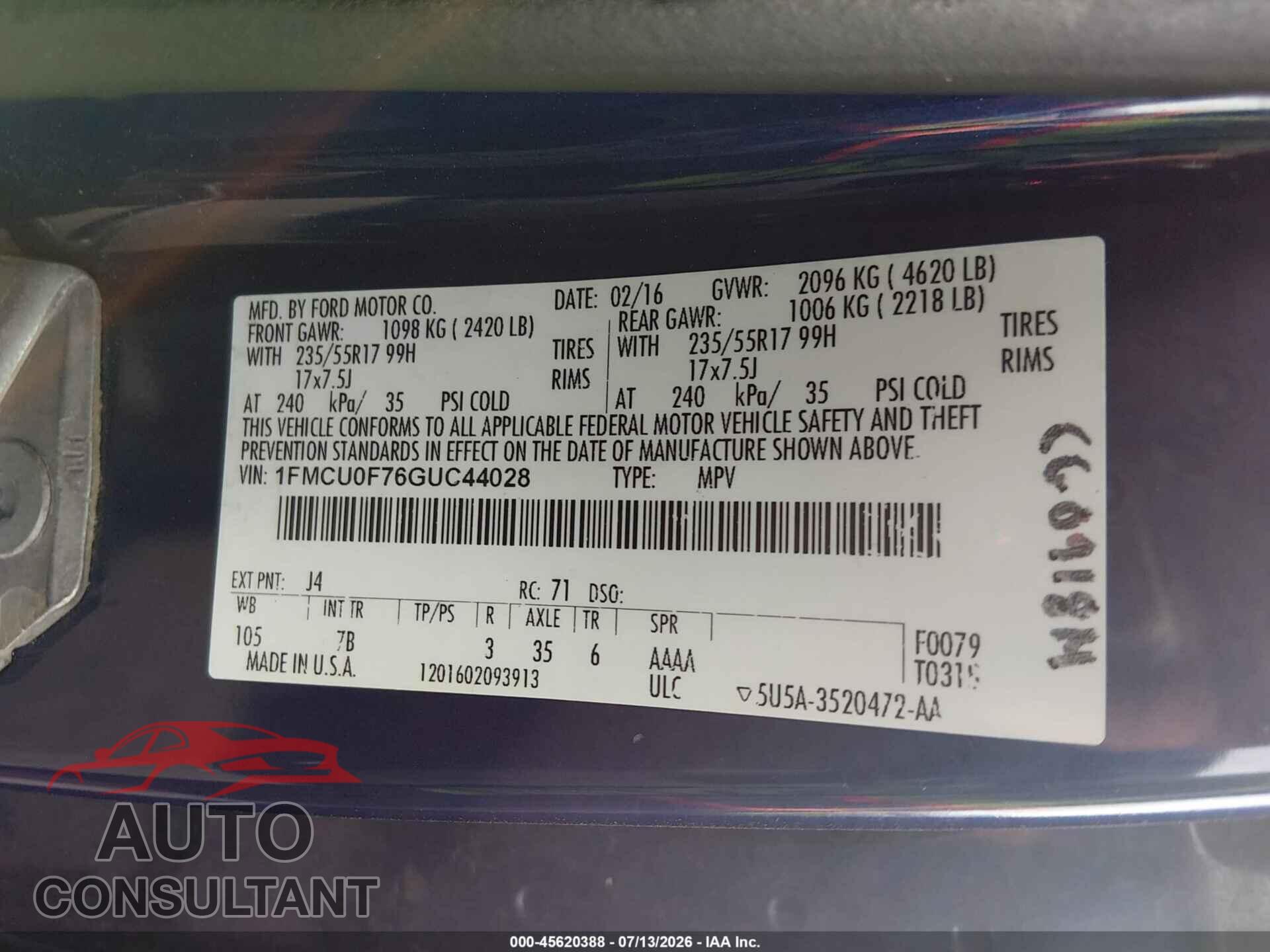 FORD ESCAPE 2016 - 1FMCU0F76GUC44028