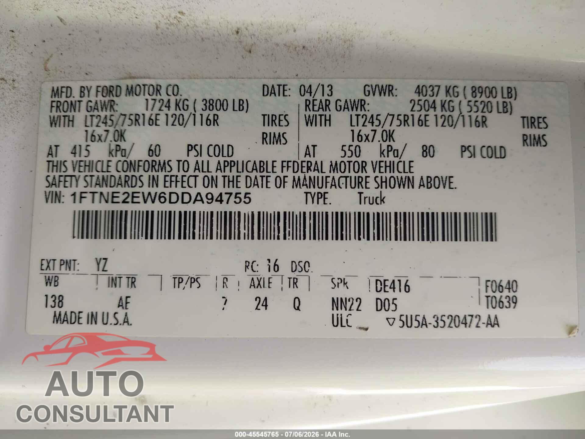 FORD E-250 2013 - 1FTNE2EW6DDA94755
