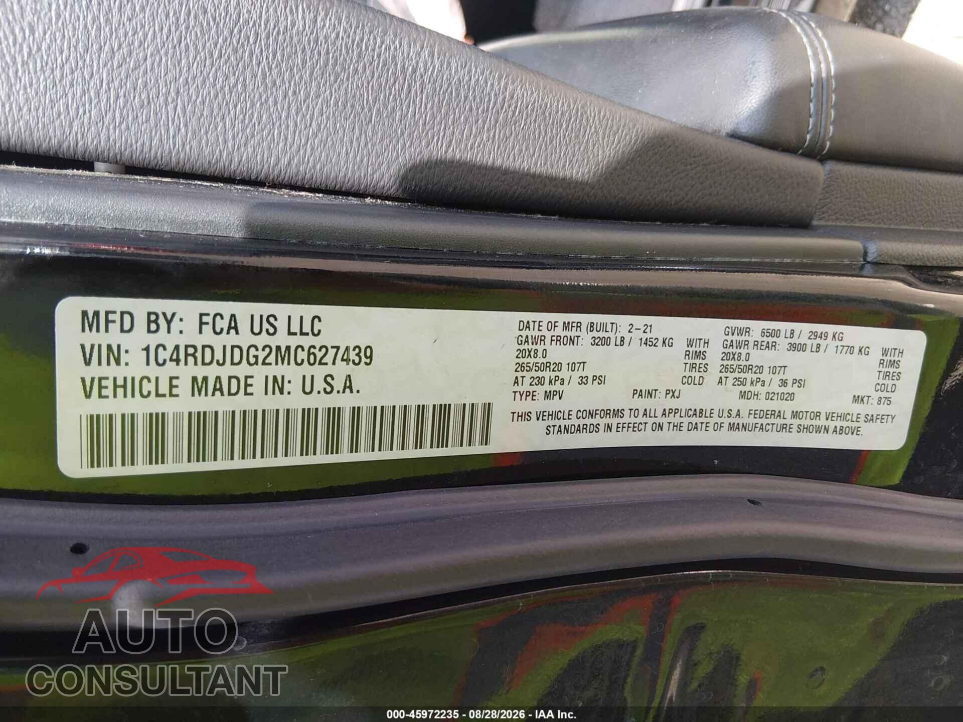 DODGE DURANGO 2021 - 1C4RDJDG2MC627439