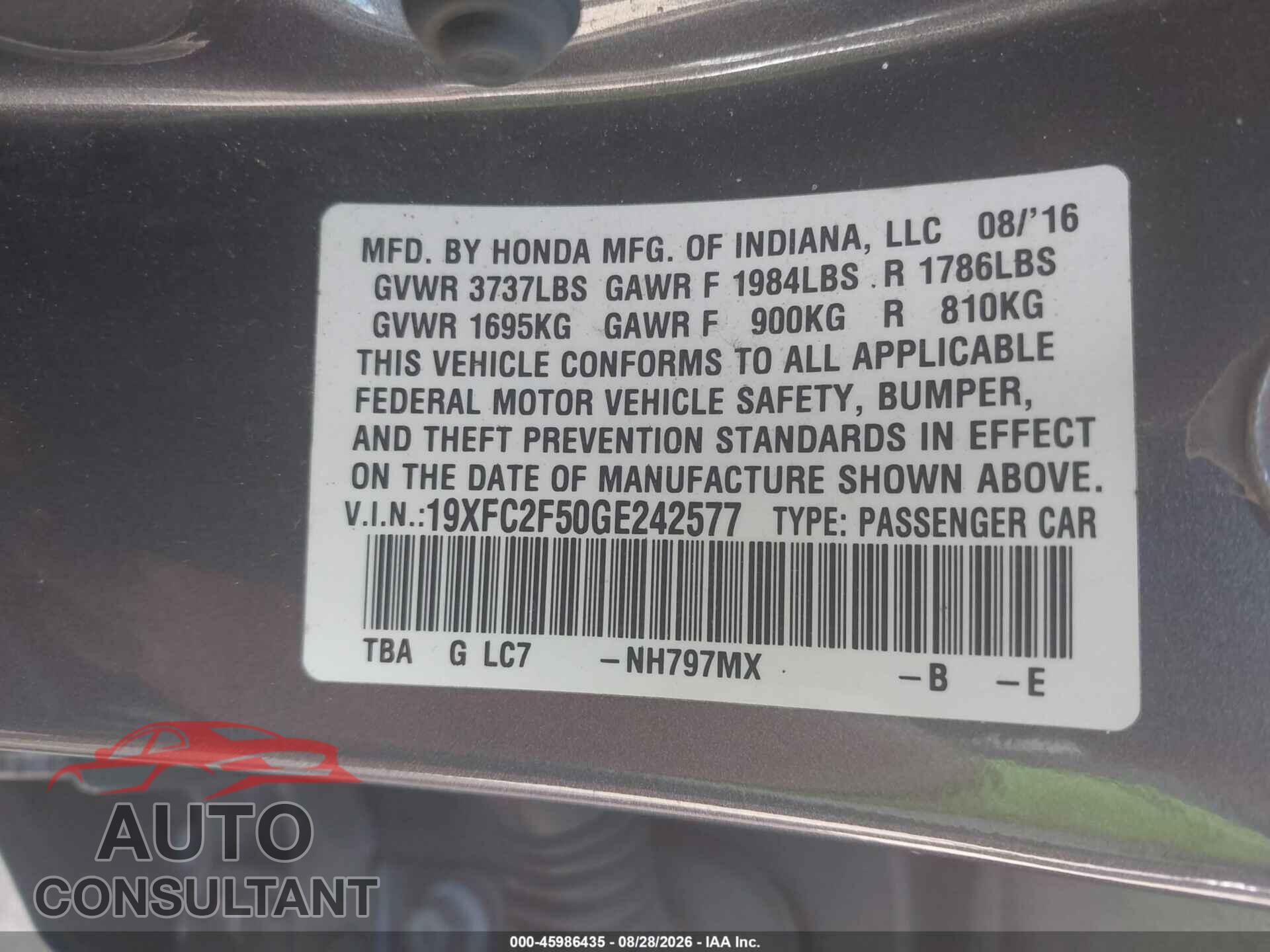 HONDA CIVIC 2016 - 19XFC2F50GE242577