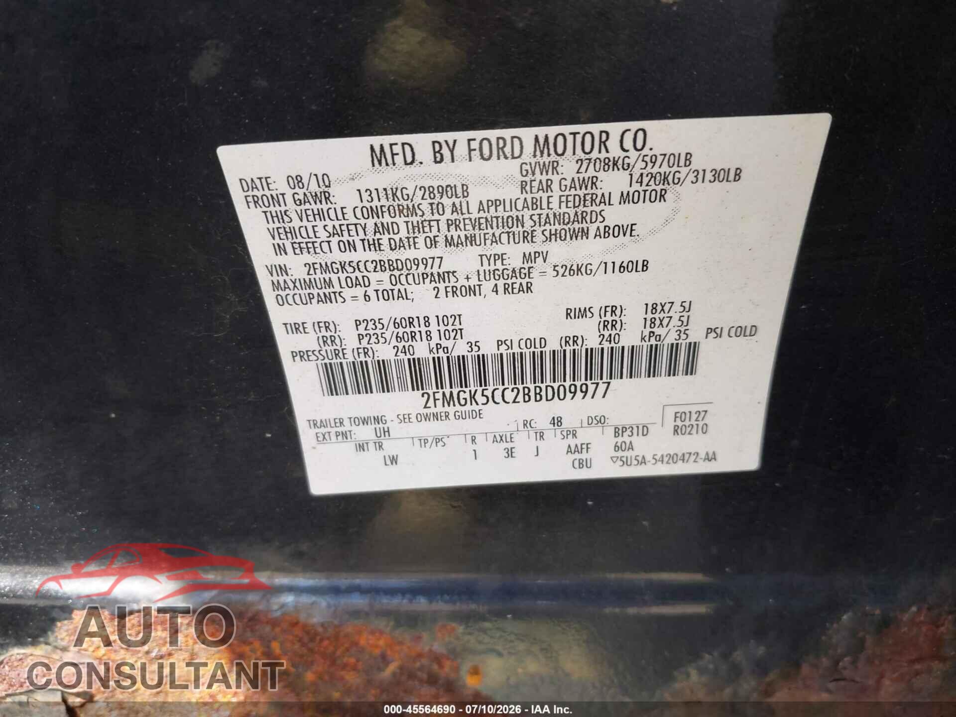 FORD FLEX 2011 - 2FMGK5CC2BBD09977