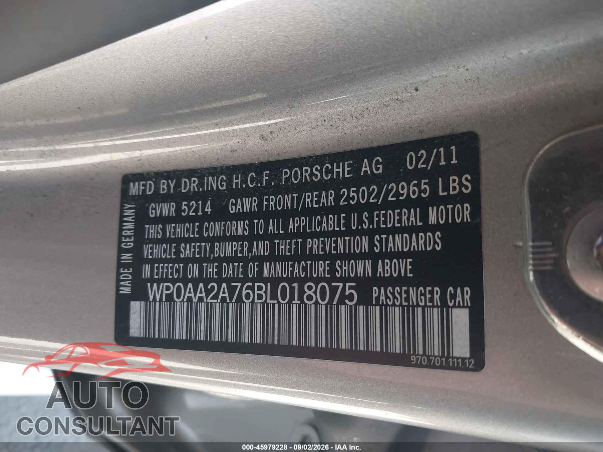 PORSCHE PANAMERA 2011 - WP0AA2A76BL018075