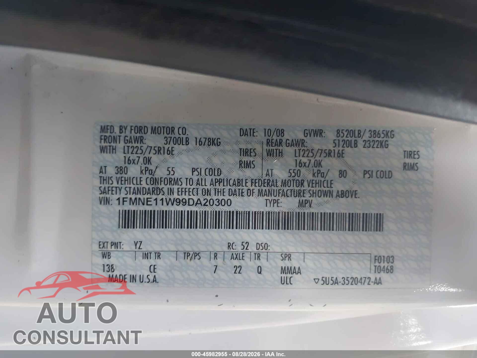 FORD E-150 2009 - 1FMNE11W99DA20300
