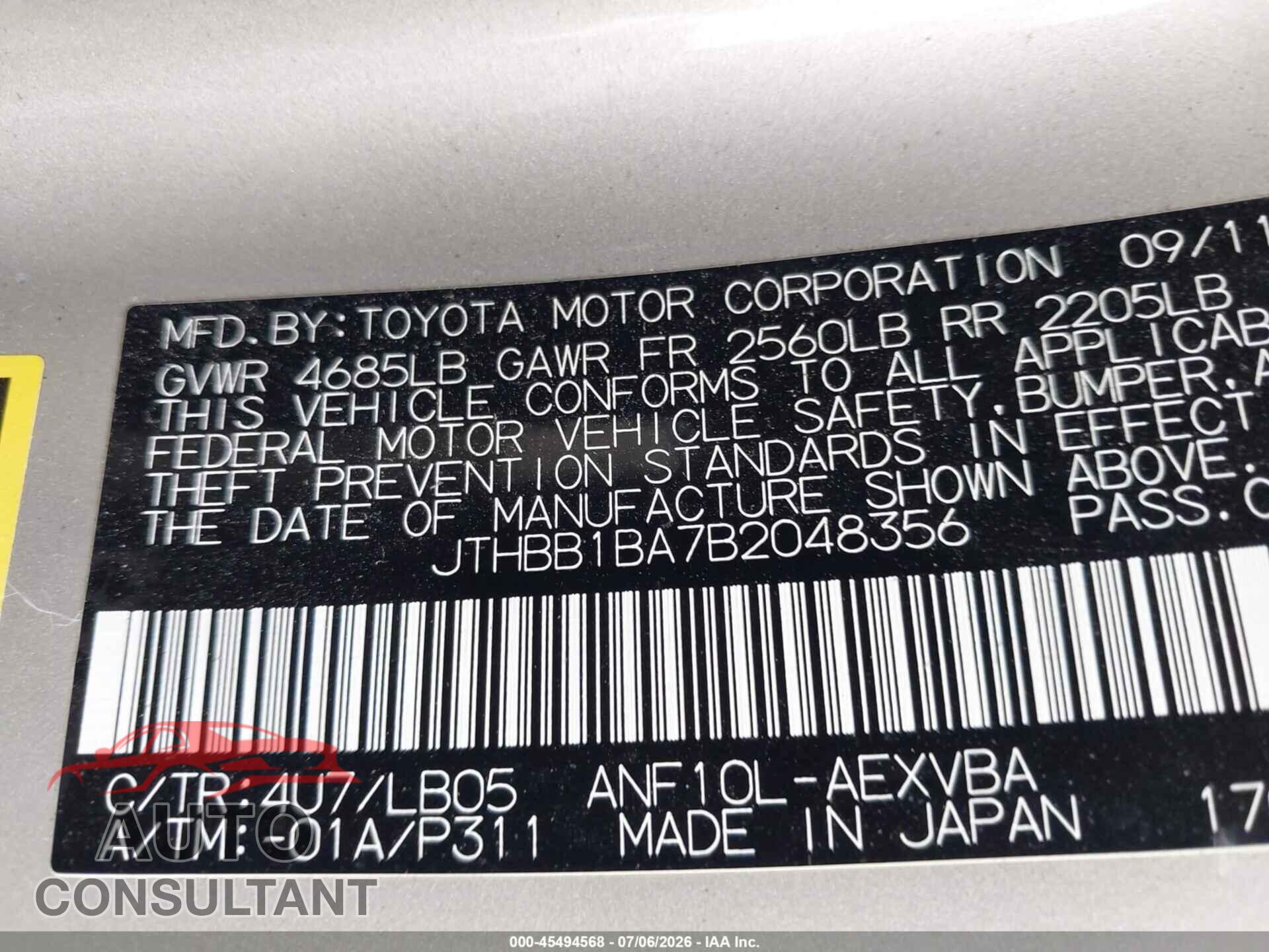 LEXUS HS 250H 2011 - JTHBB1BA7B2048356
