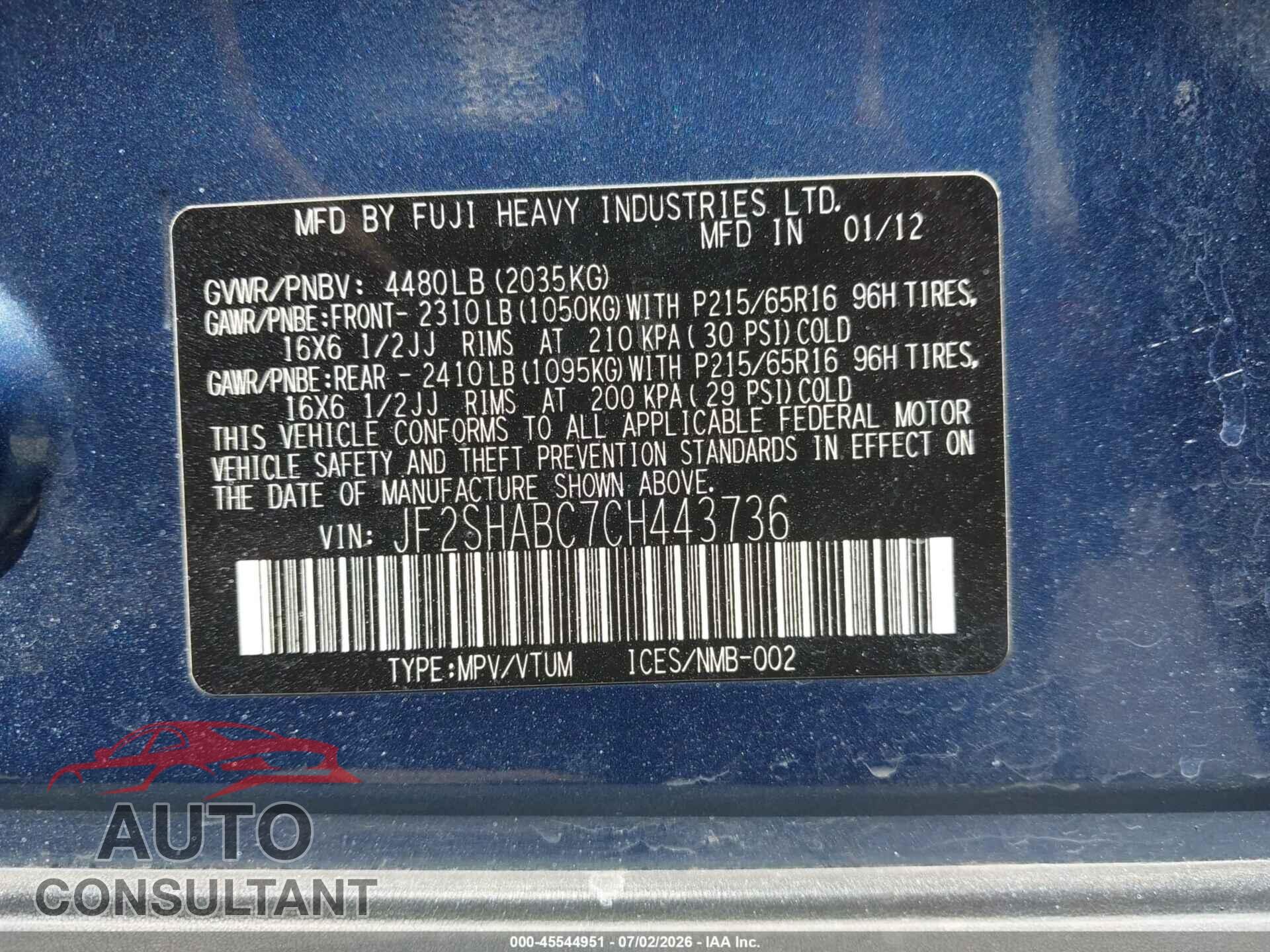 SUBARU FORESTER 2012 - JF2SHABC7CH443736