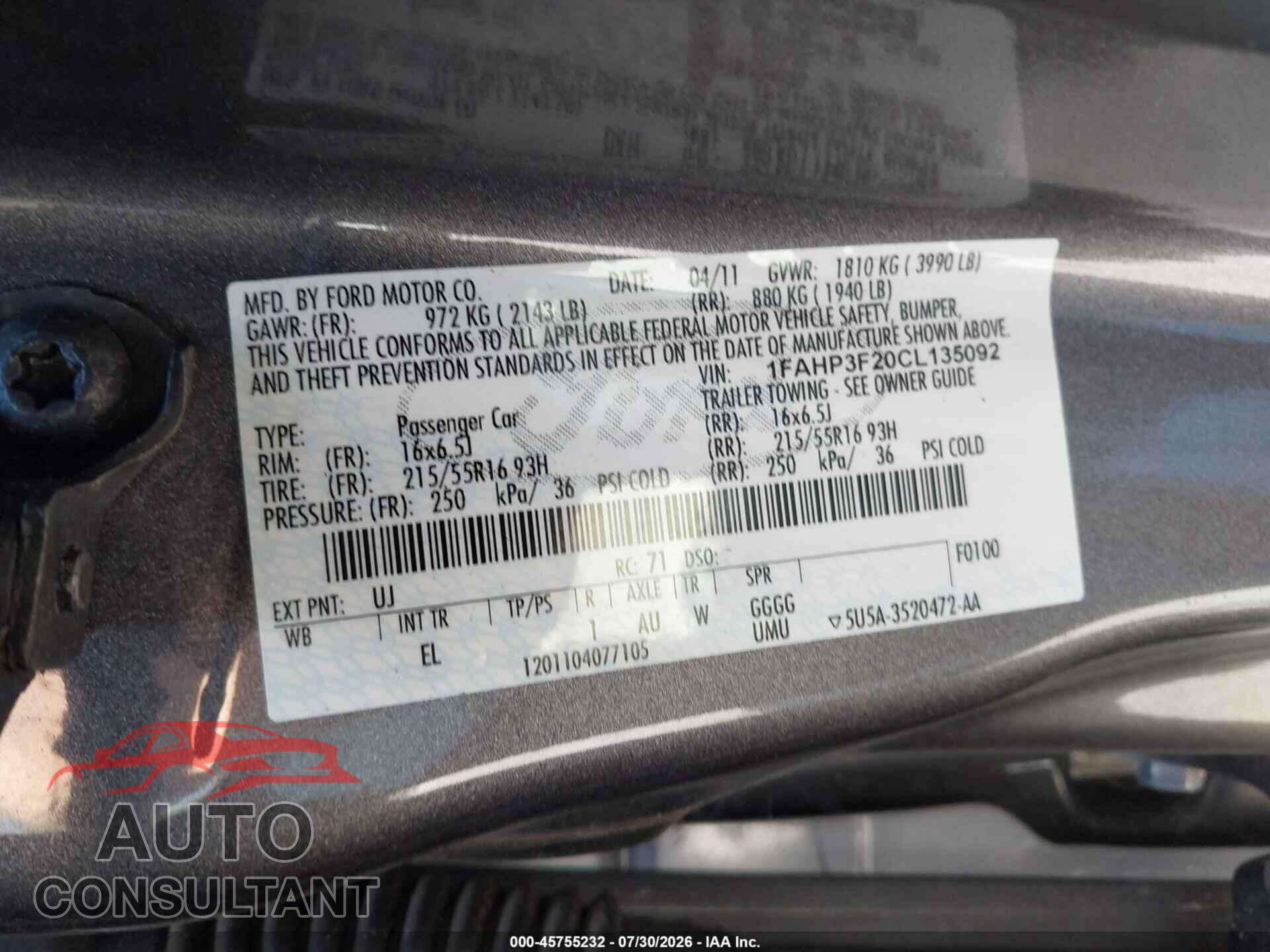 FORD FOCUS 2012 - 1FAHP3F20CL135092