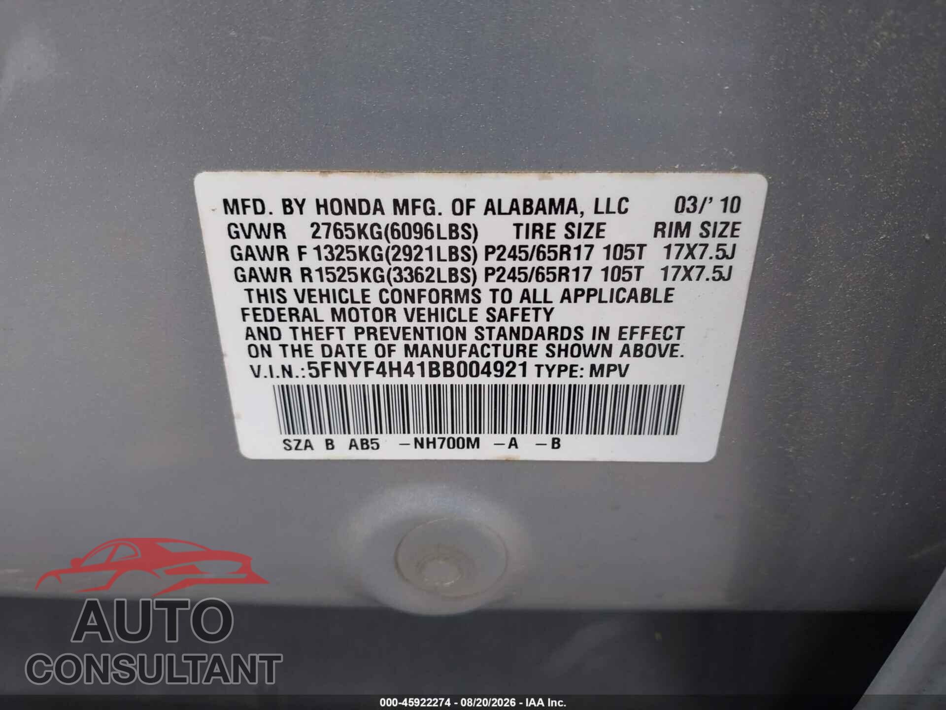 HONDA PILOT 2011 - 5FNYF4H41BB004921