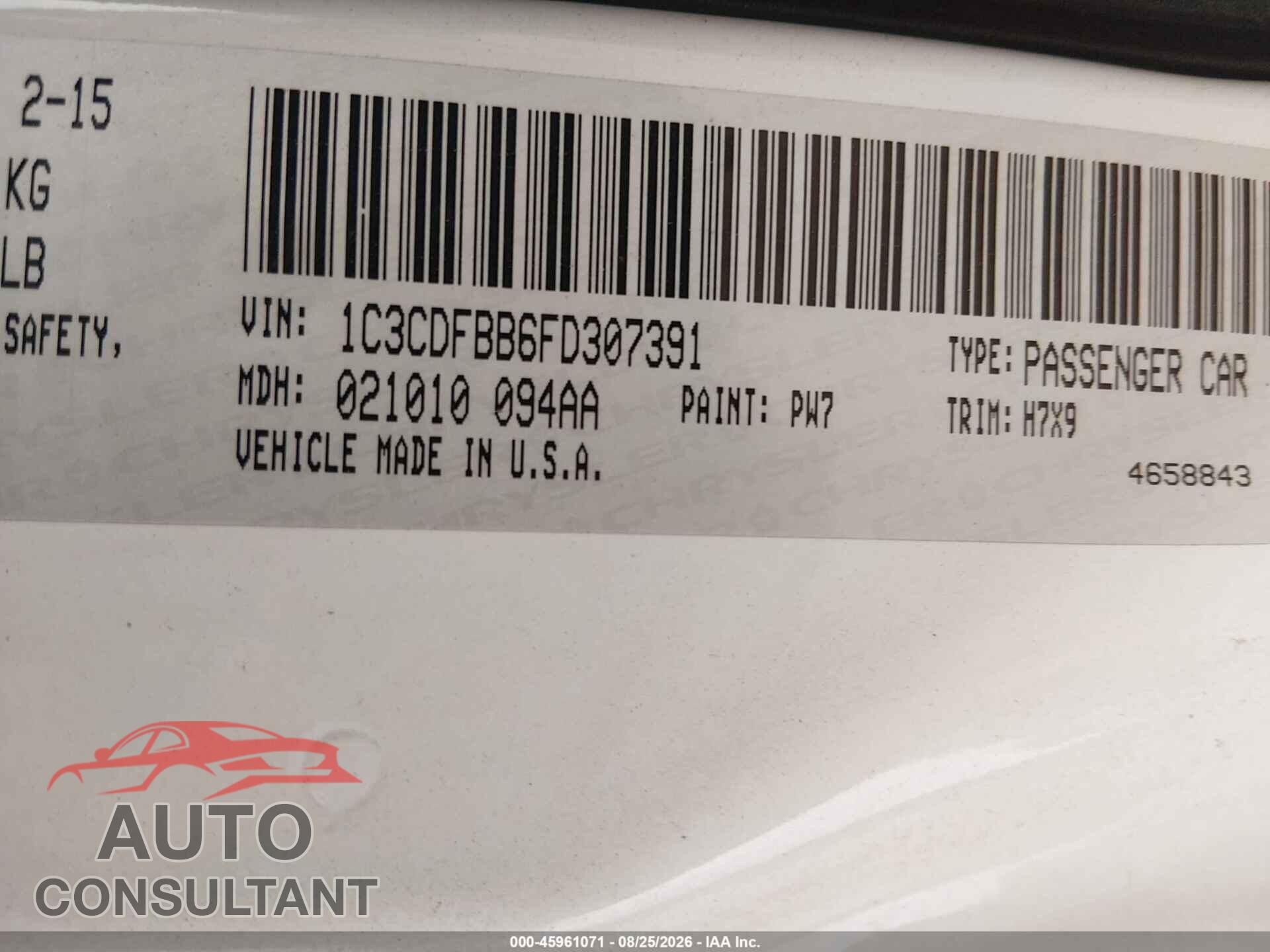 DODGE DART 2015 - 1C3CDFBB6FD307391