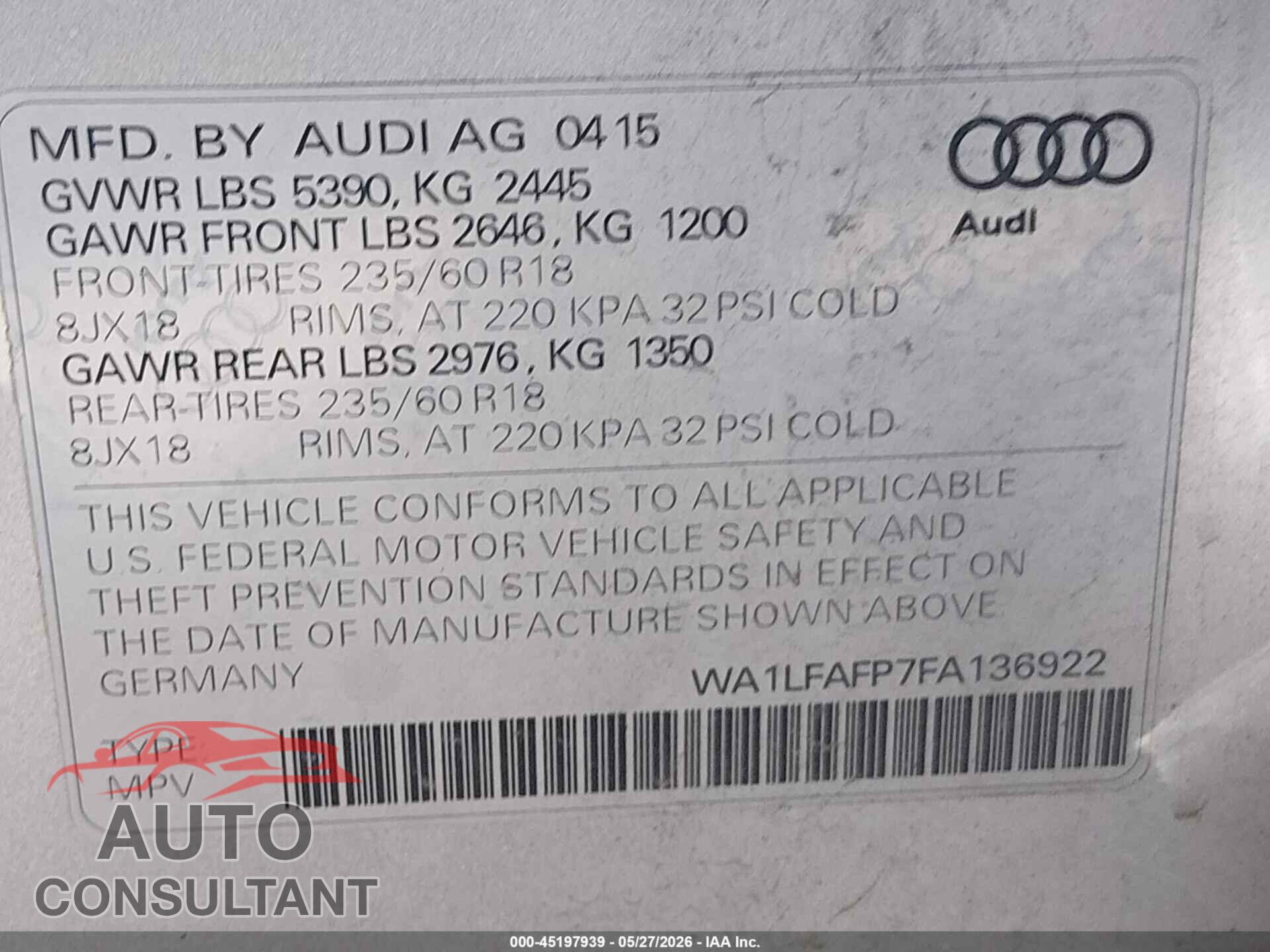 AUDI Q5 2015 - WA1LFAFP7FA136922
