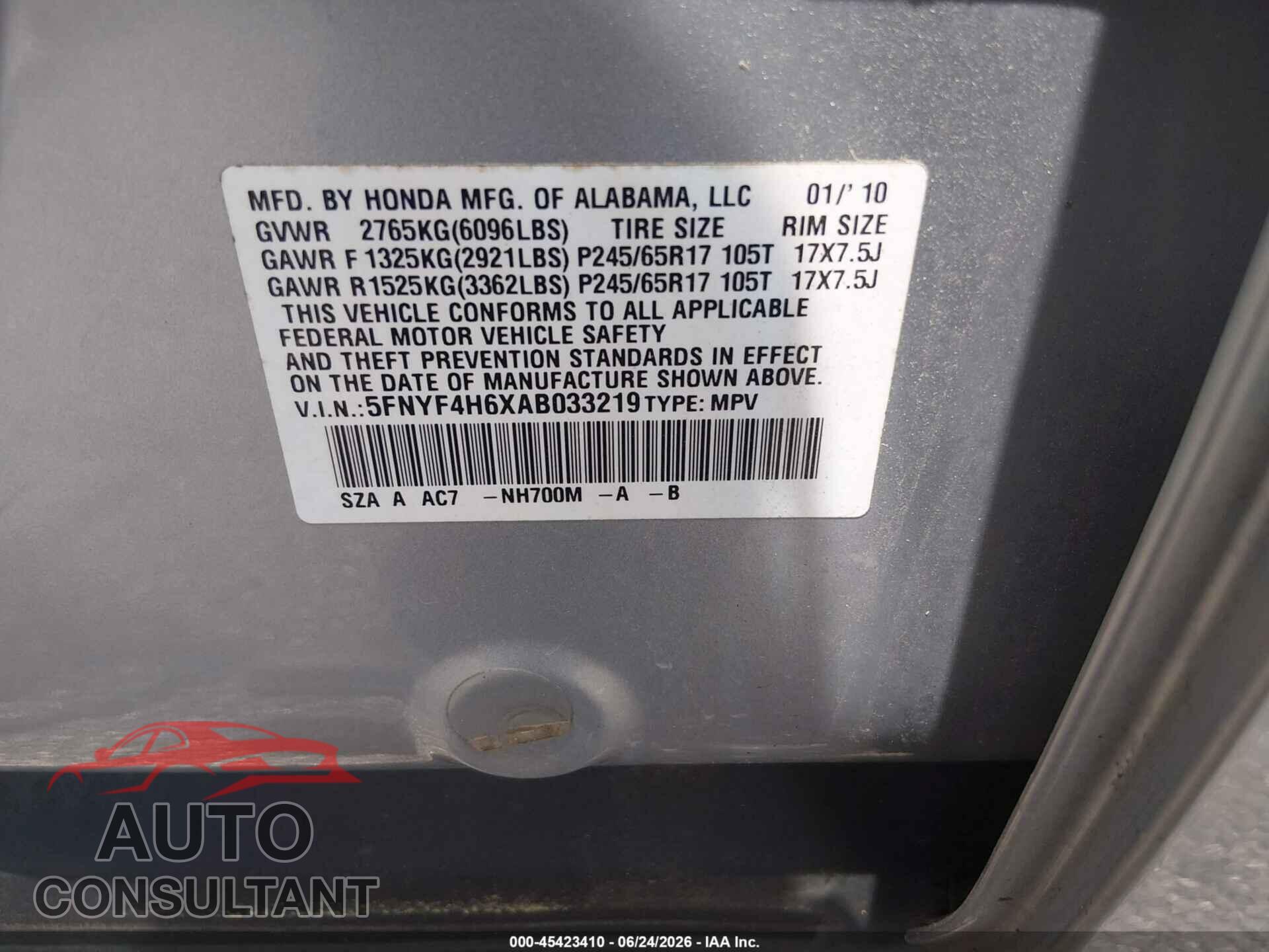 HONDA PILOT 2010 - 5FNYF4H6XAB033219