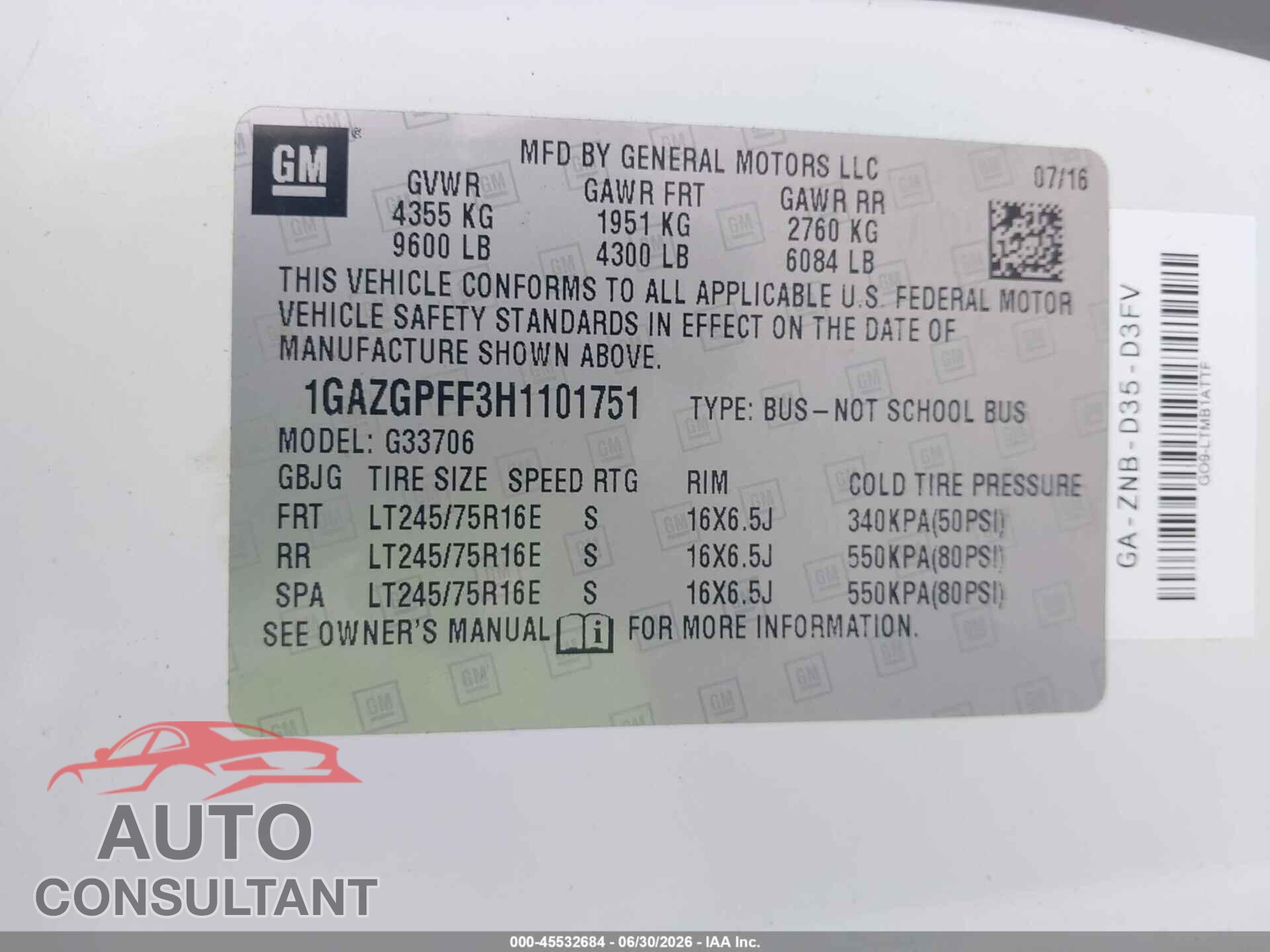 CHEVROLET EXPRESS 3500 2017 - 1GAZGPFF3H1101751