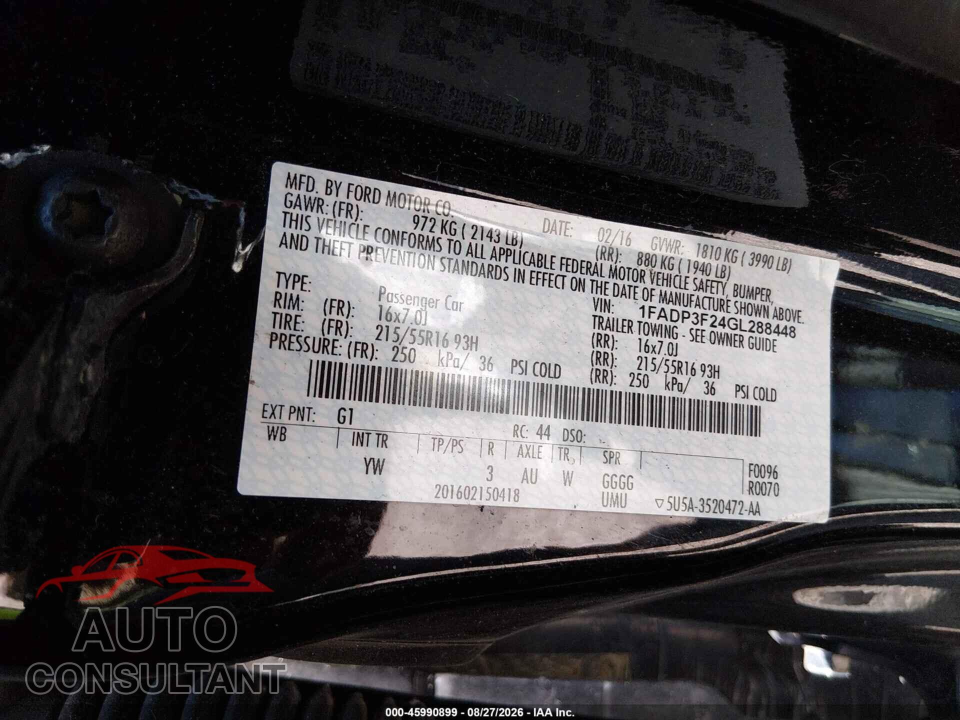 FORD FOCUS 2016 - 1FADP3F24GL288448