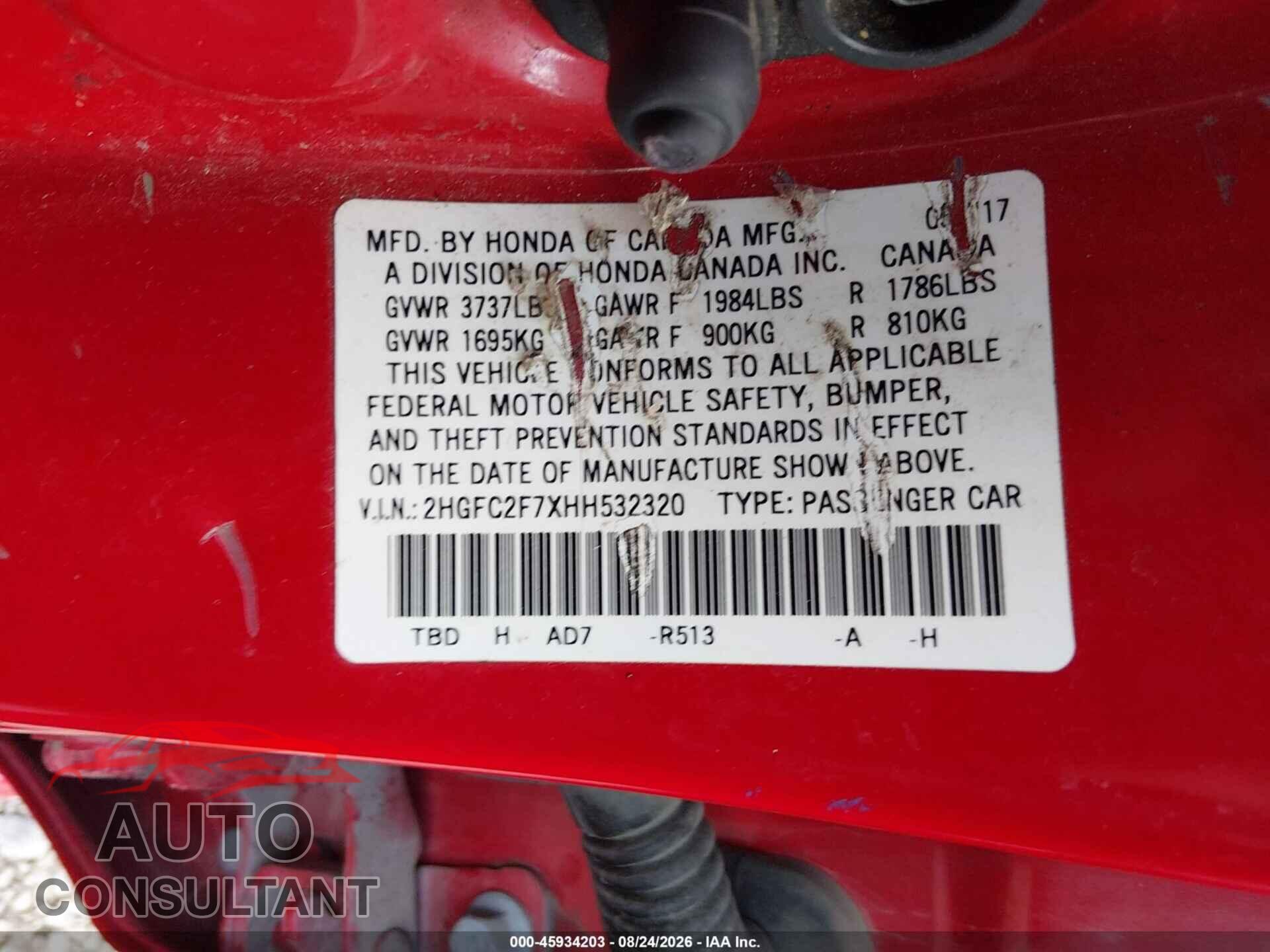 HONDA CIVIC 2017 - 2HGFC2F7XHH532320