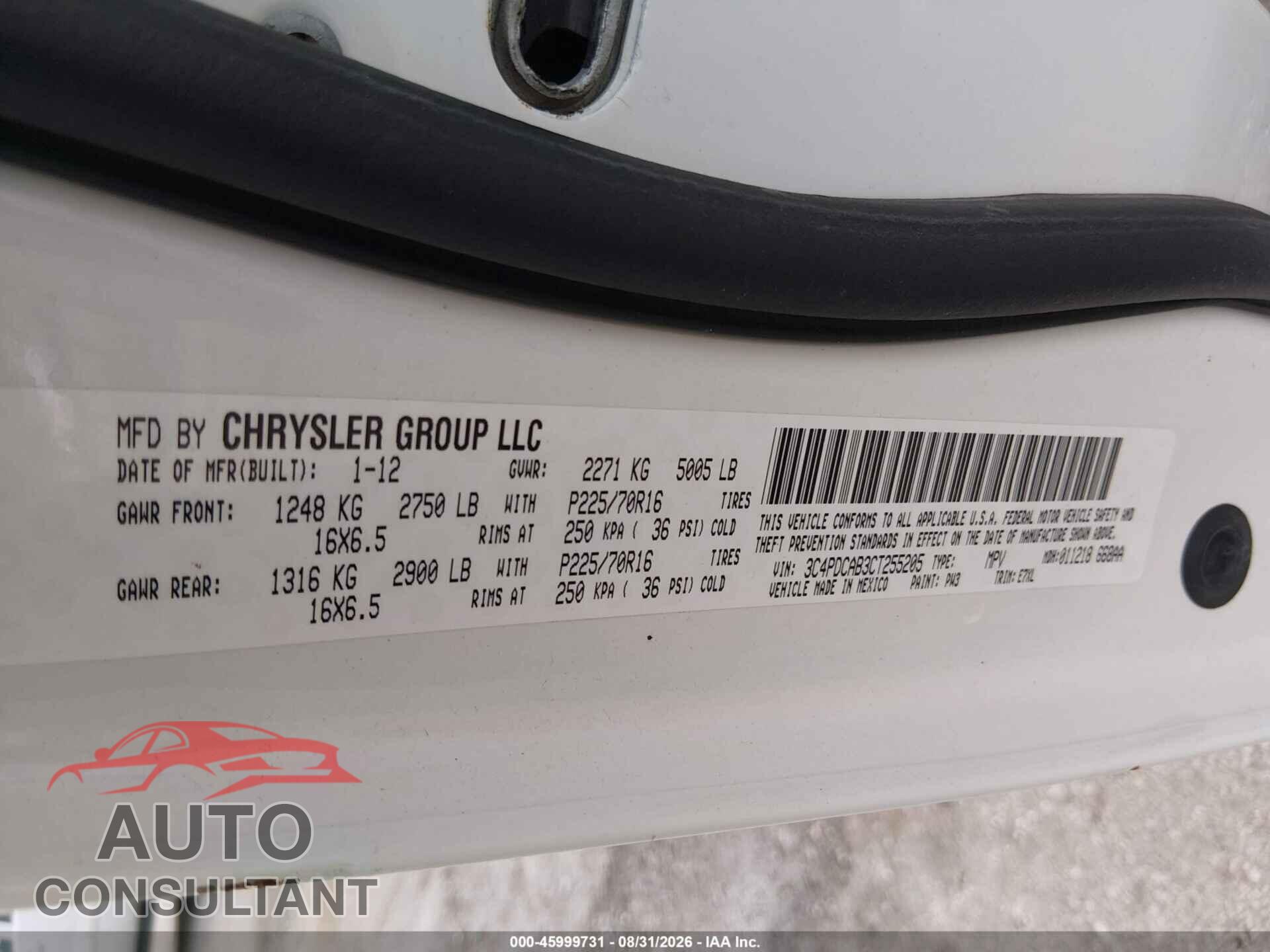 DODGE JOURNEY 2012 - 3C4PDCAB3CT255205