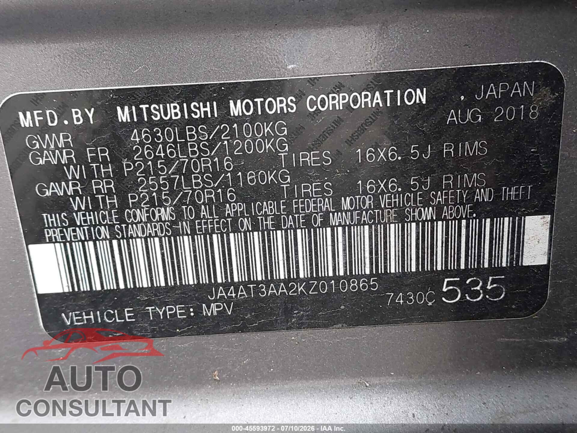 MITSUBISHI ECLIPSE CROSS 2019 - JA4AT3AA2KZ010865