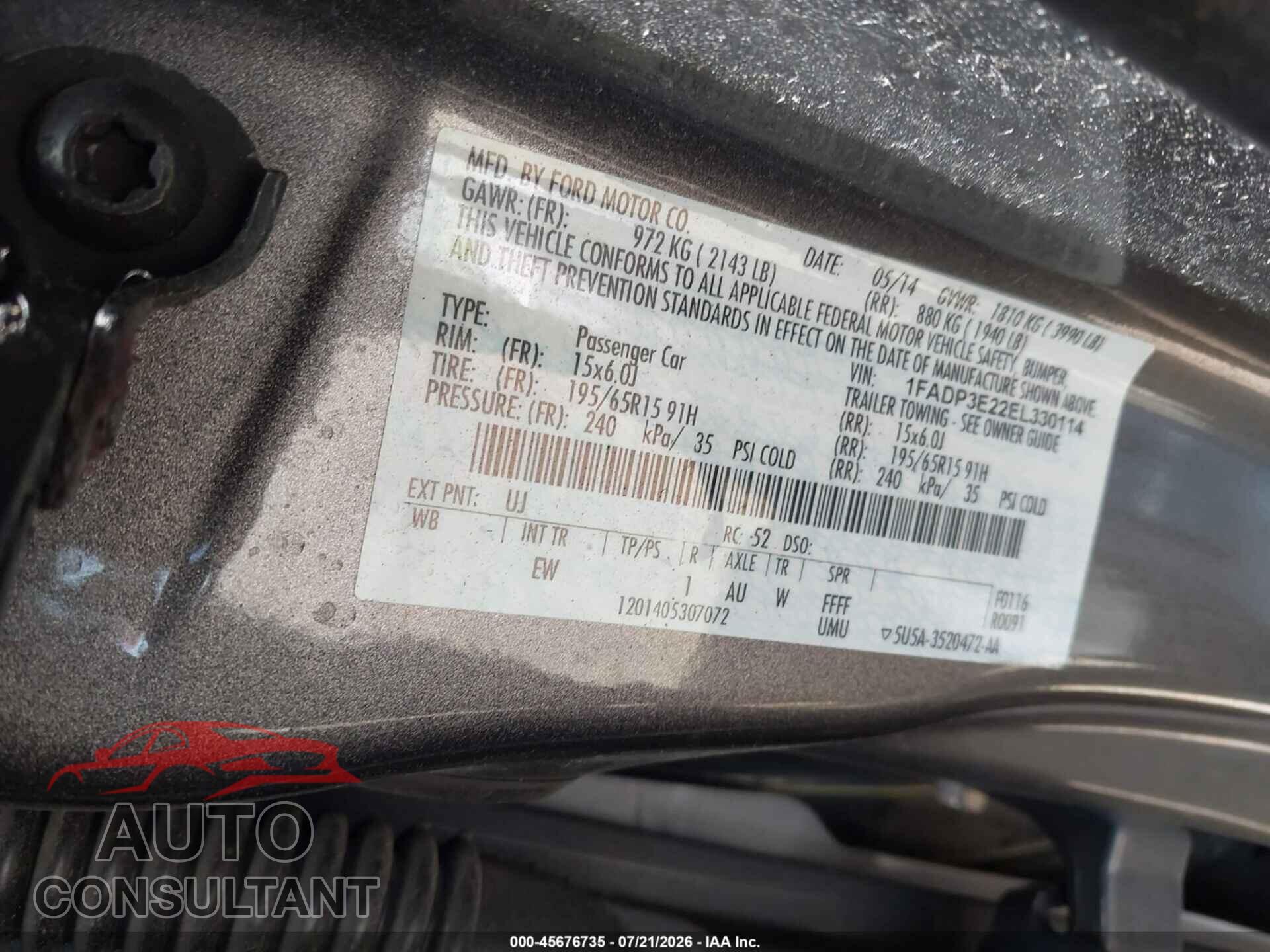 FORD FOCUS 2014 - 1FADP3E22EL330114