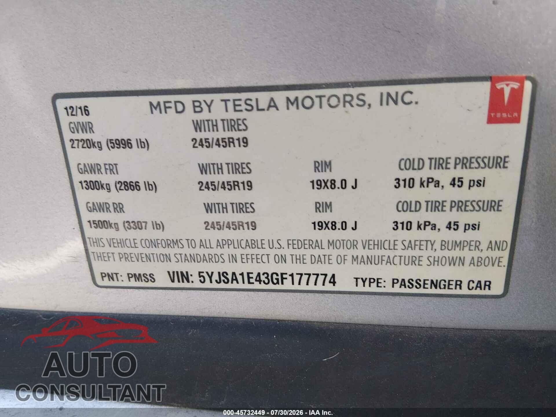 TESLA MODEL S 2016 - 5YJSA1E43GF177774