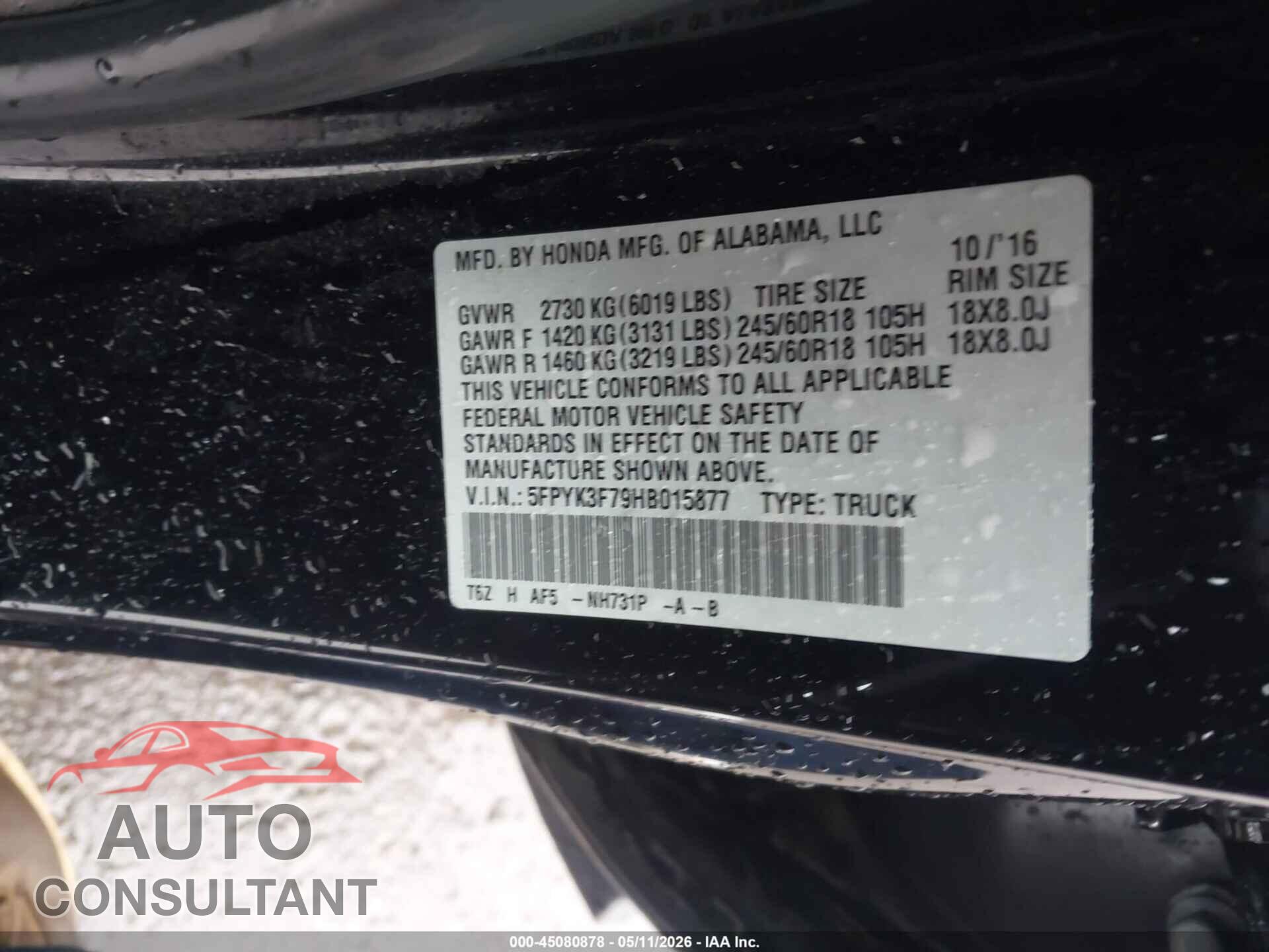 HONDA RIDGELINE 2017 - 5FPYK3F79HB015877