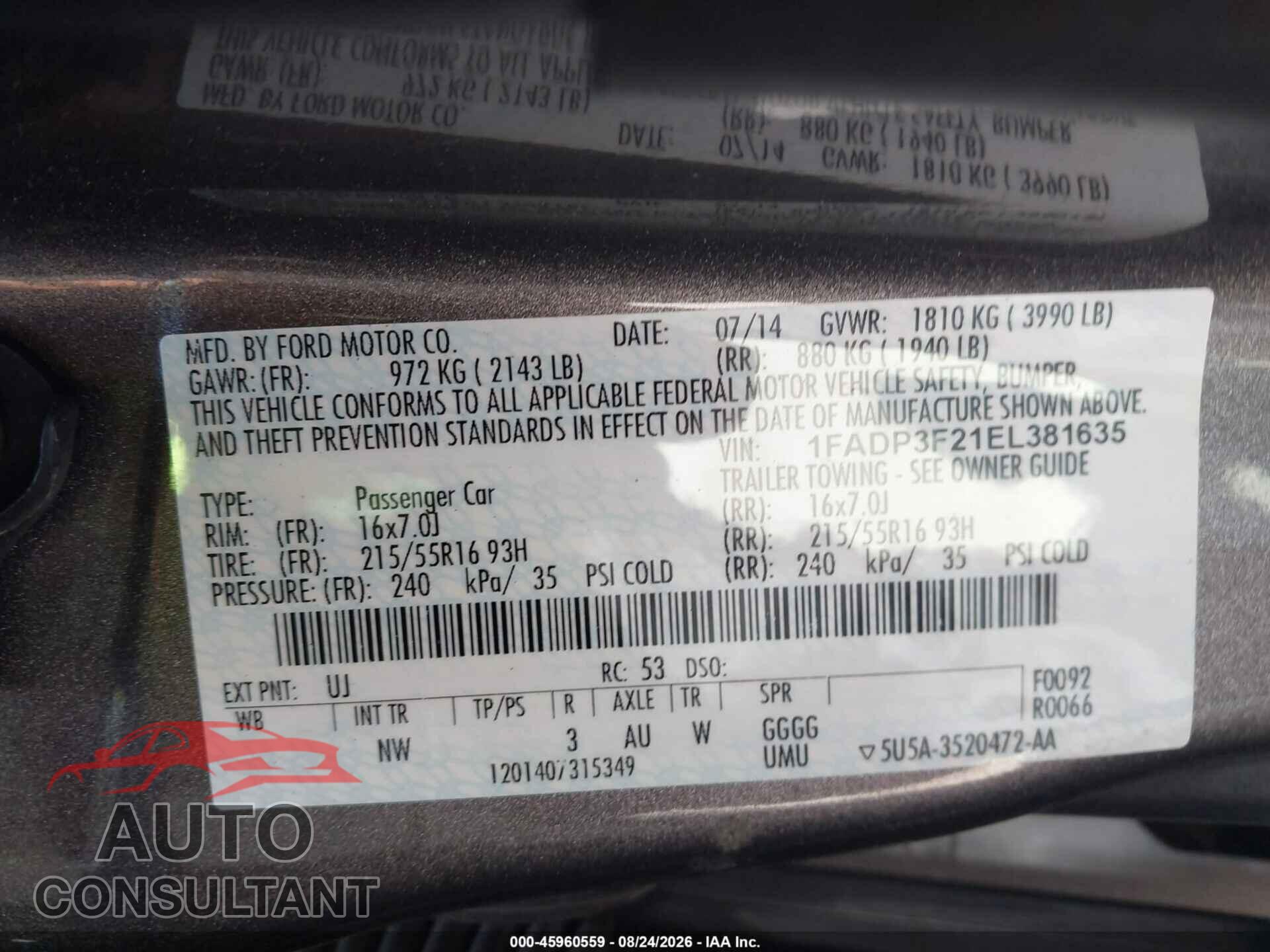 FORD FOCUS 2014 - 1FADP3F21EL381635
