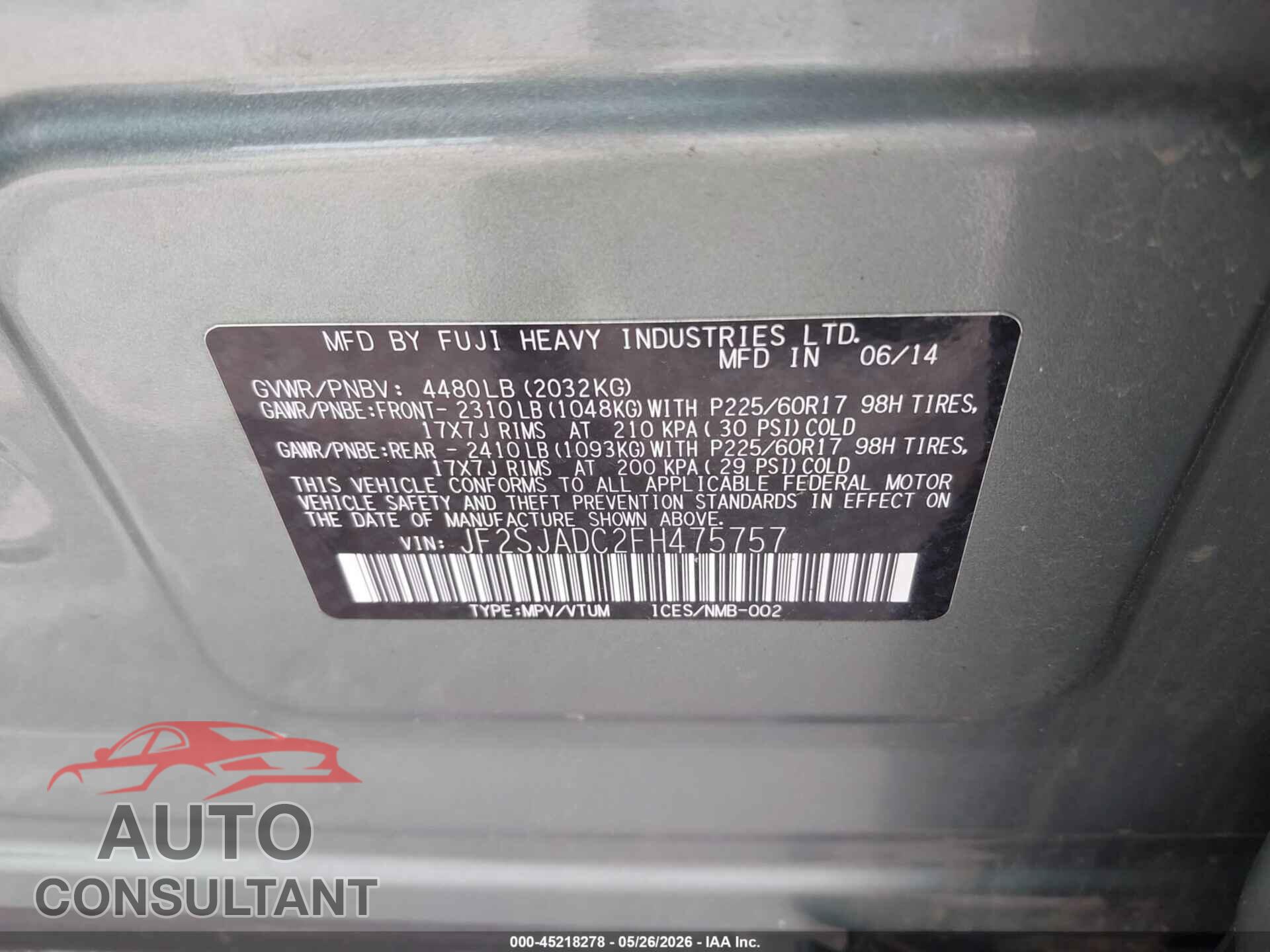 SUBARU FORESTER 2015 - JF2SJADC2FH475757