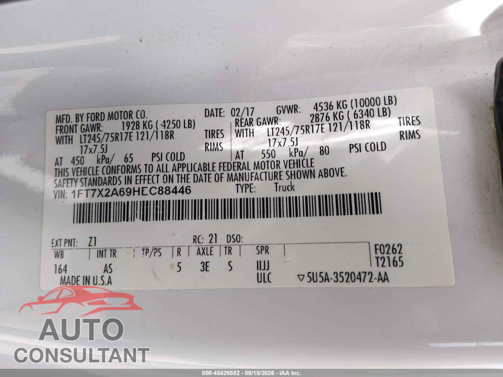 FORD F-250 2017 - 1FT7X2A69HEC88446