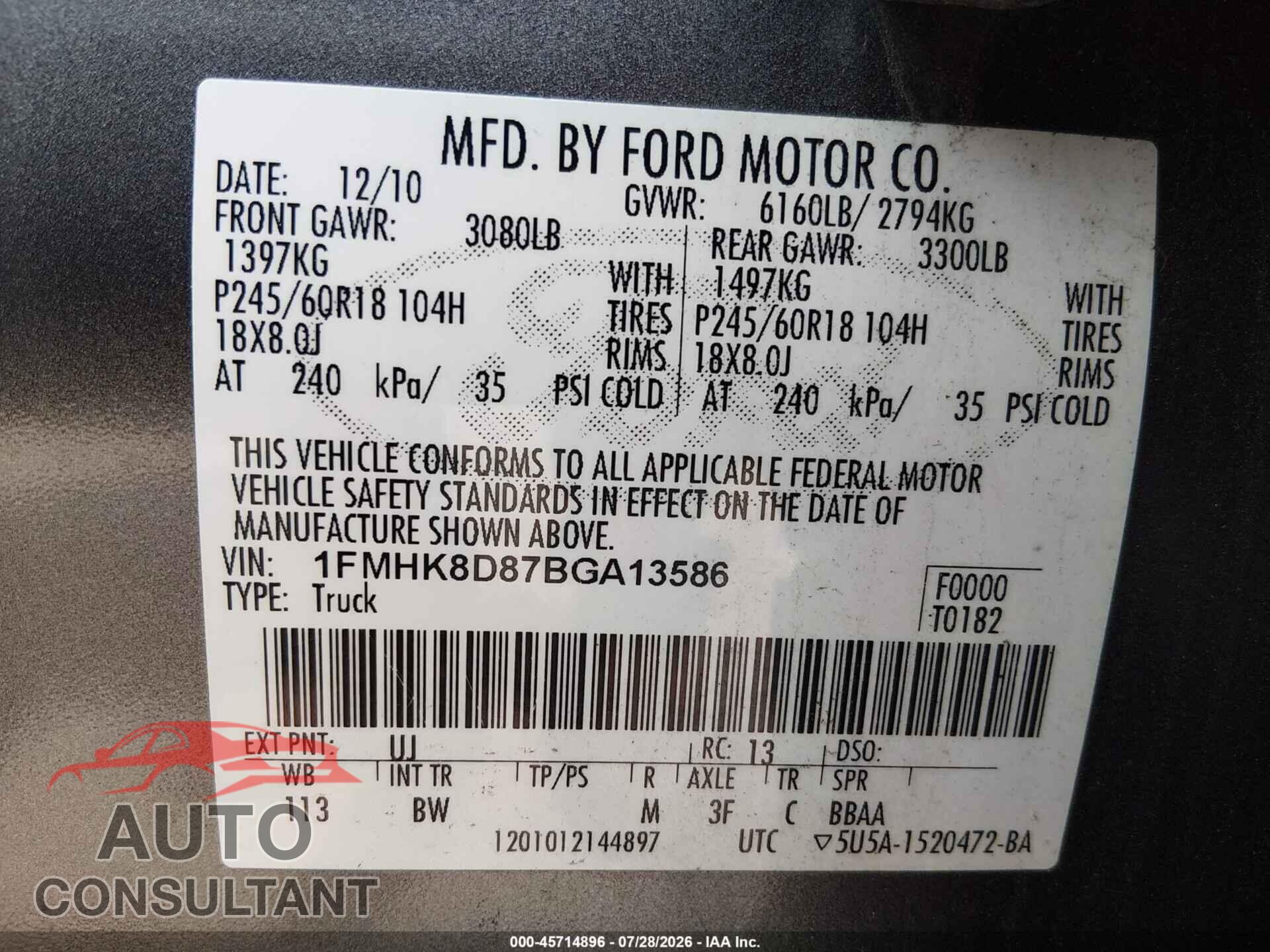 FORD EXPLORER 2011 - 1FMHK8D87BGA13586