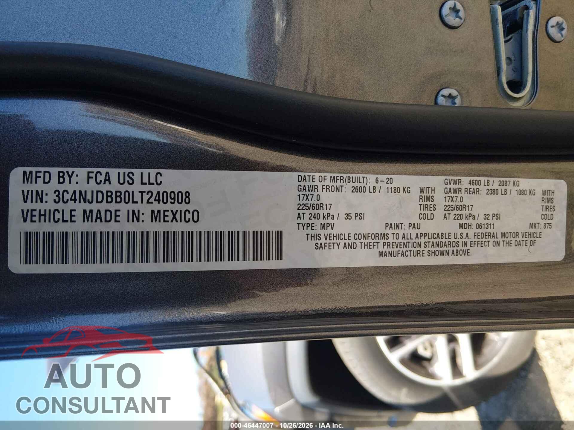 JEEP COMPASS 2020 - 3C4NJDBB0LT240908