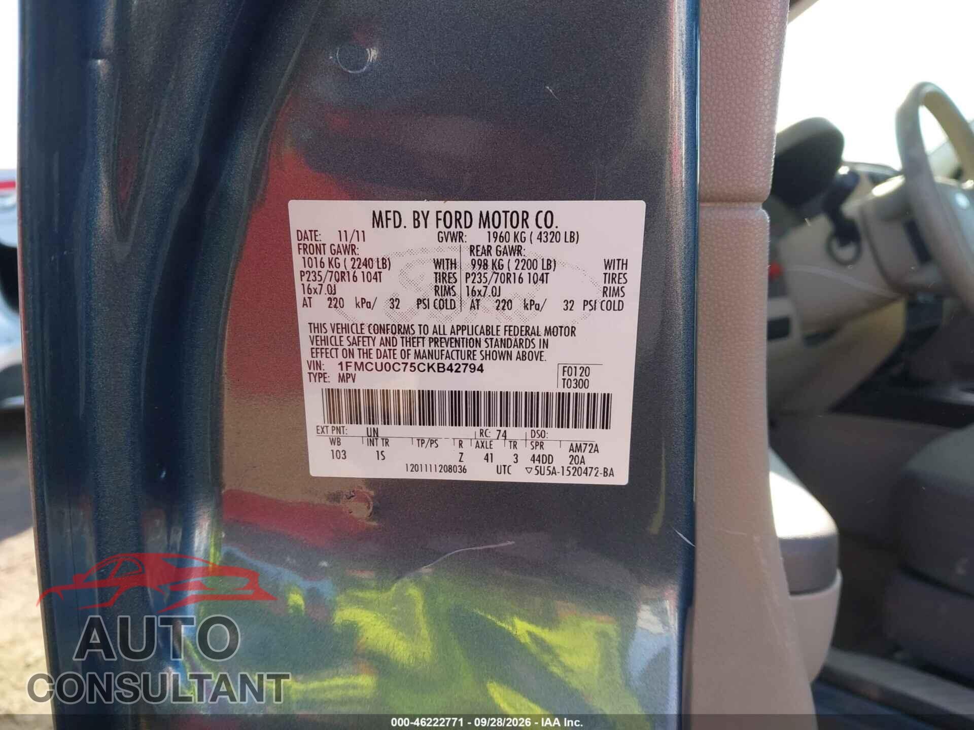 FORD ESCAPE 2012 - 1FMCU0C75CKB42794