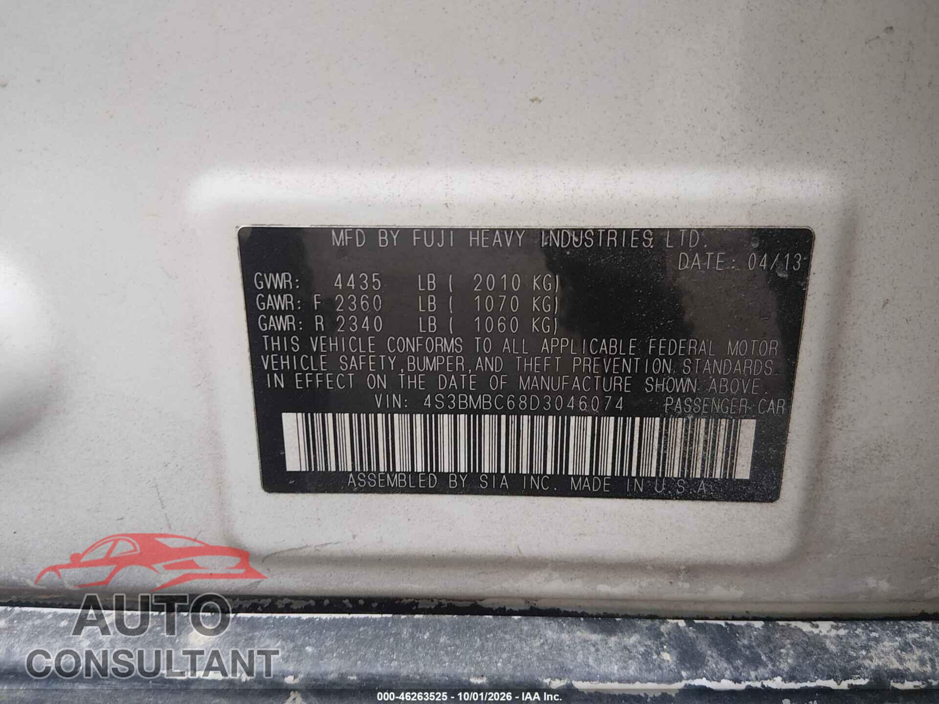 SUBARU LEGACY 2013 - 4S3BMBC68D3046074