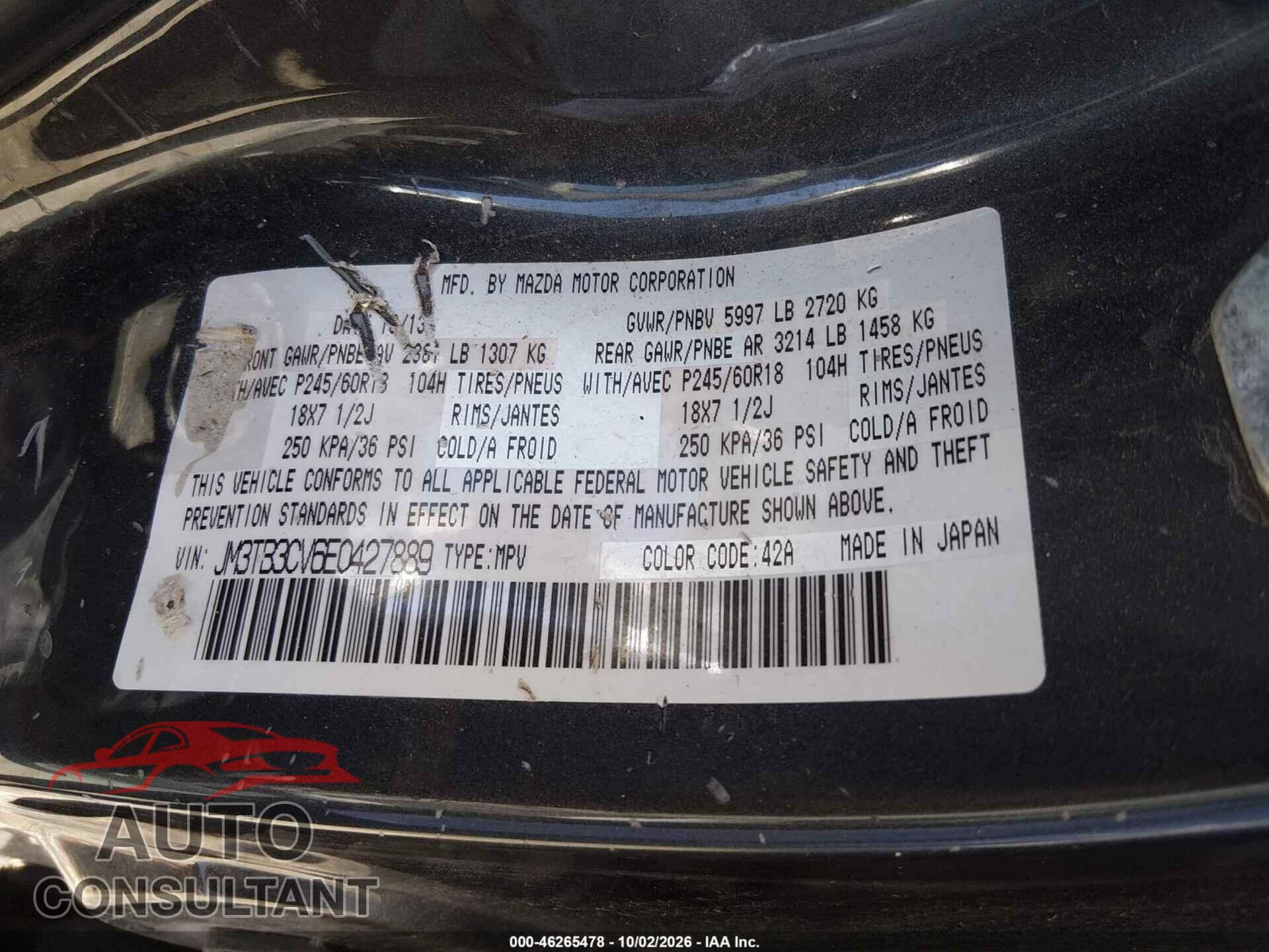 MAZDA CX-9 2014 - JM3TB3CV6E0427889