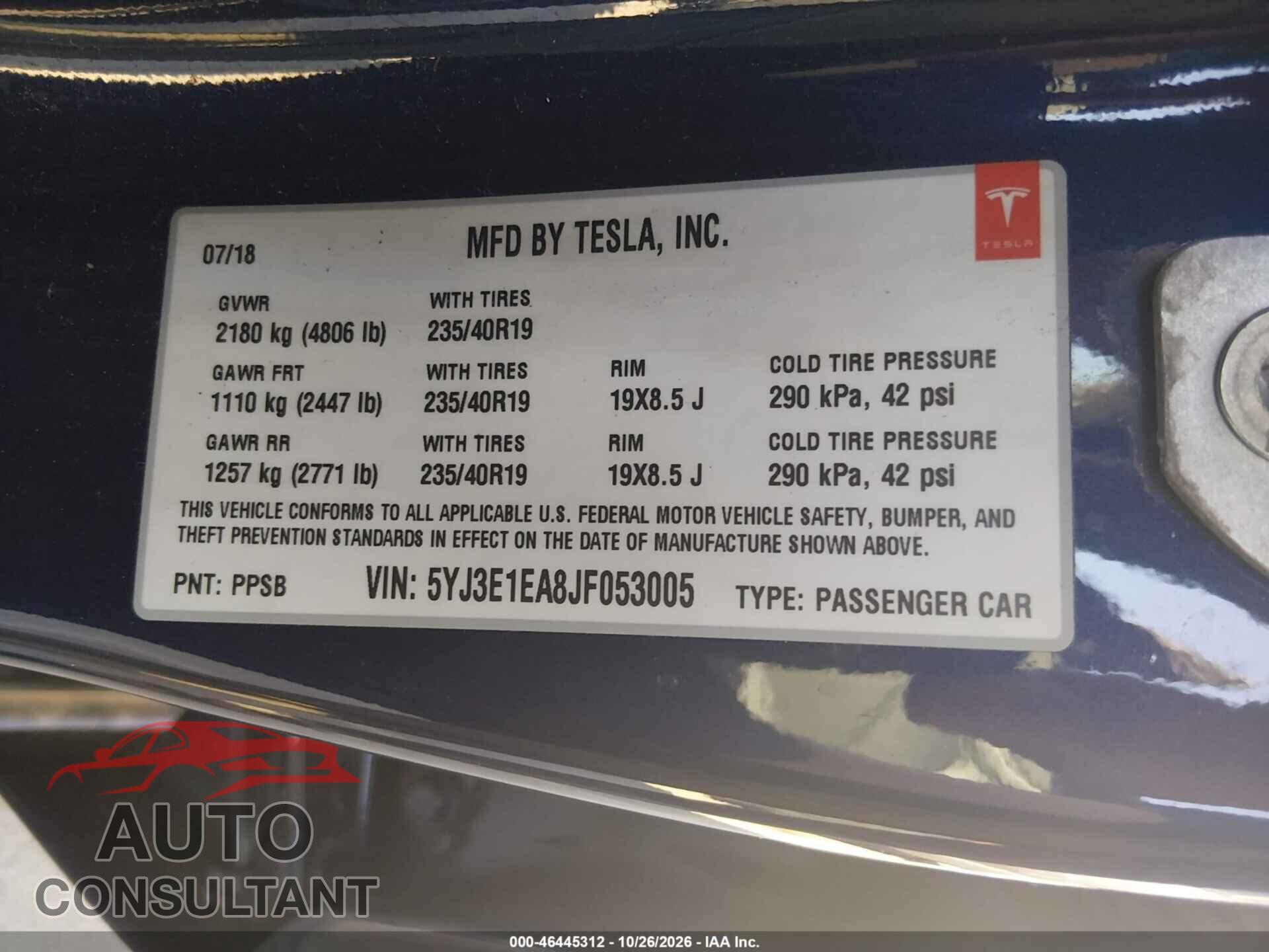 TESLA MODEL 3 2018 - 5YJ3E1EA8JF053005