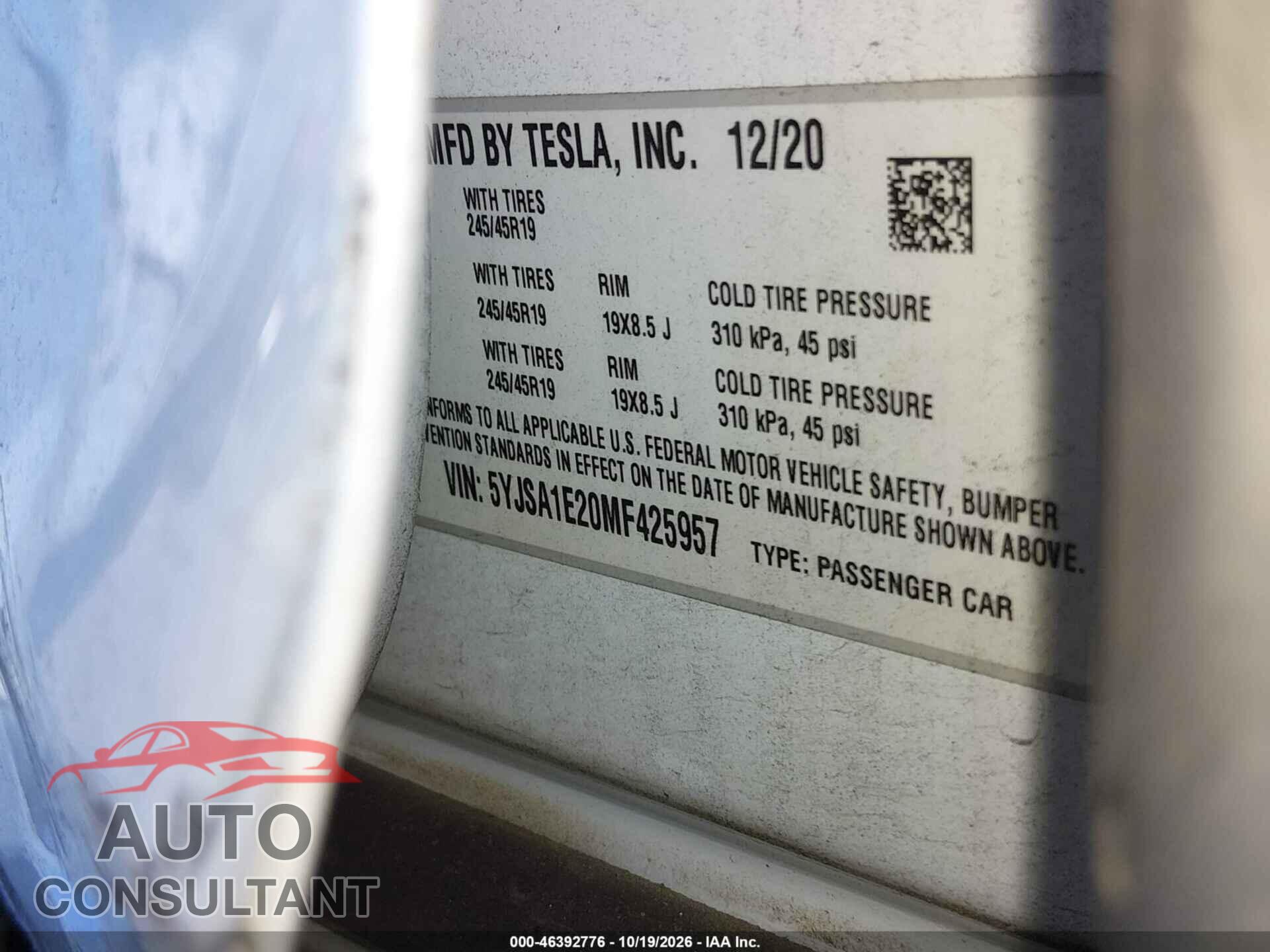 TESLA MODEL S 2021 - 5YJSA1E20MF425957