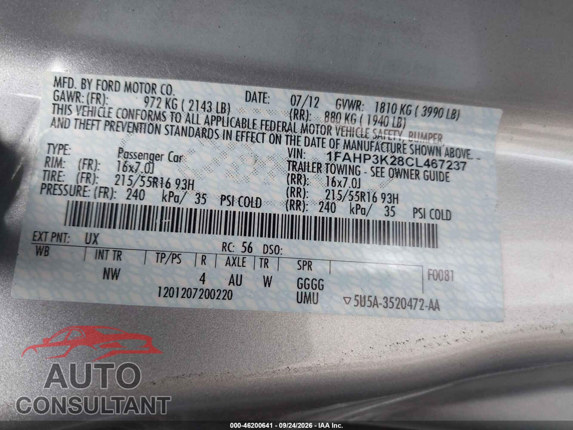 FORD FOCUS 2012 - 1FAHP3K28CL467237