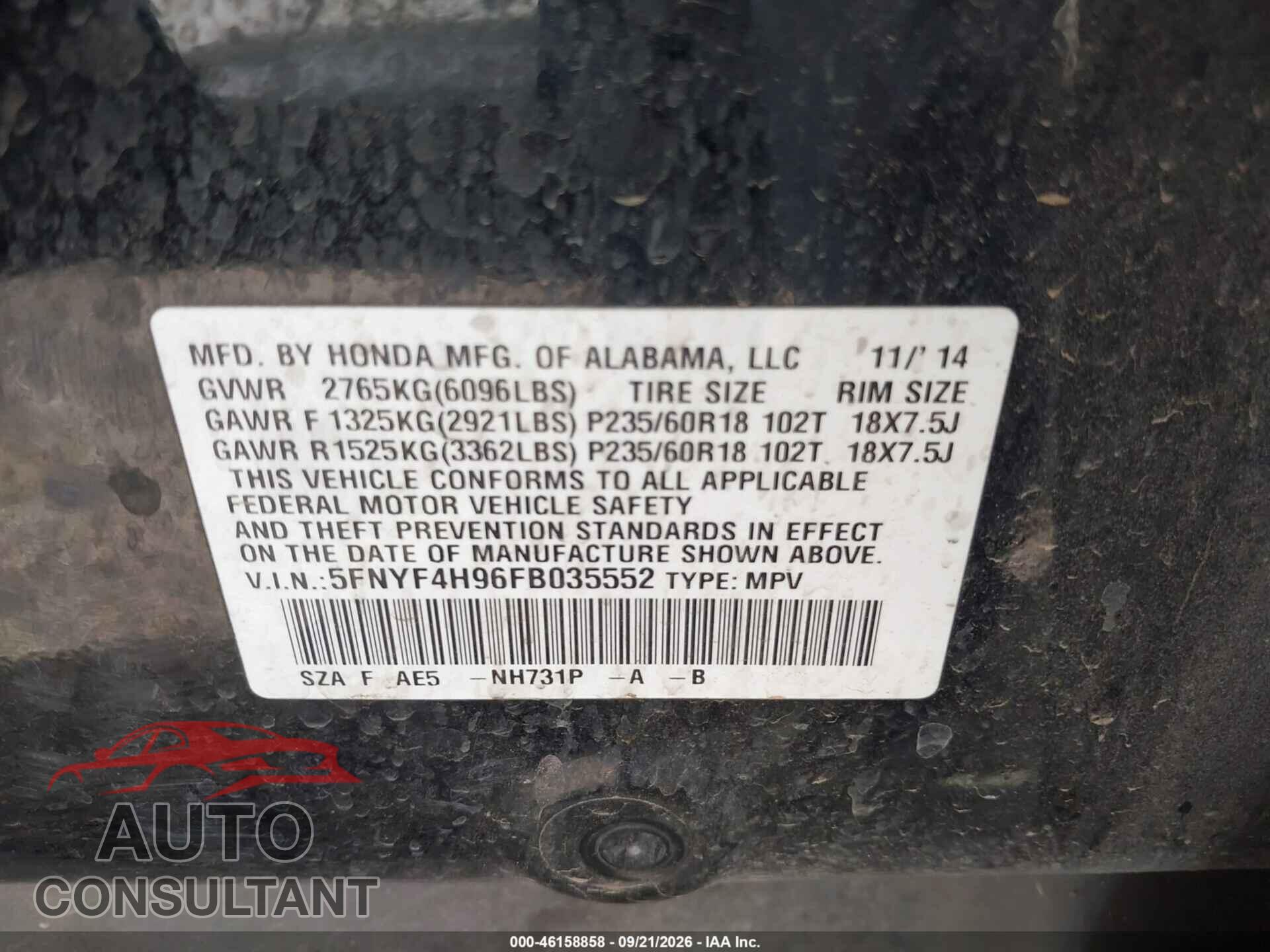 HONDA PILOT 2015 - 5FNYF4H96FB035552