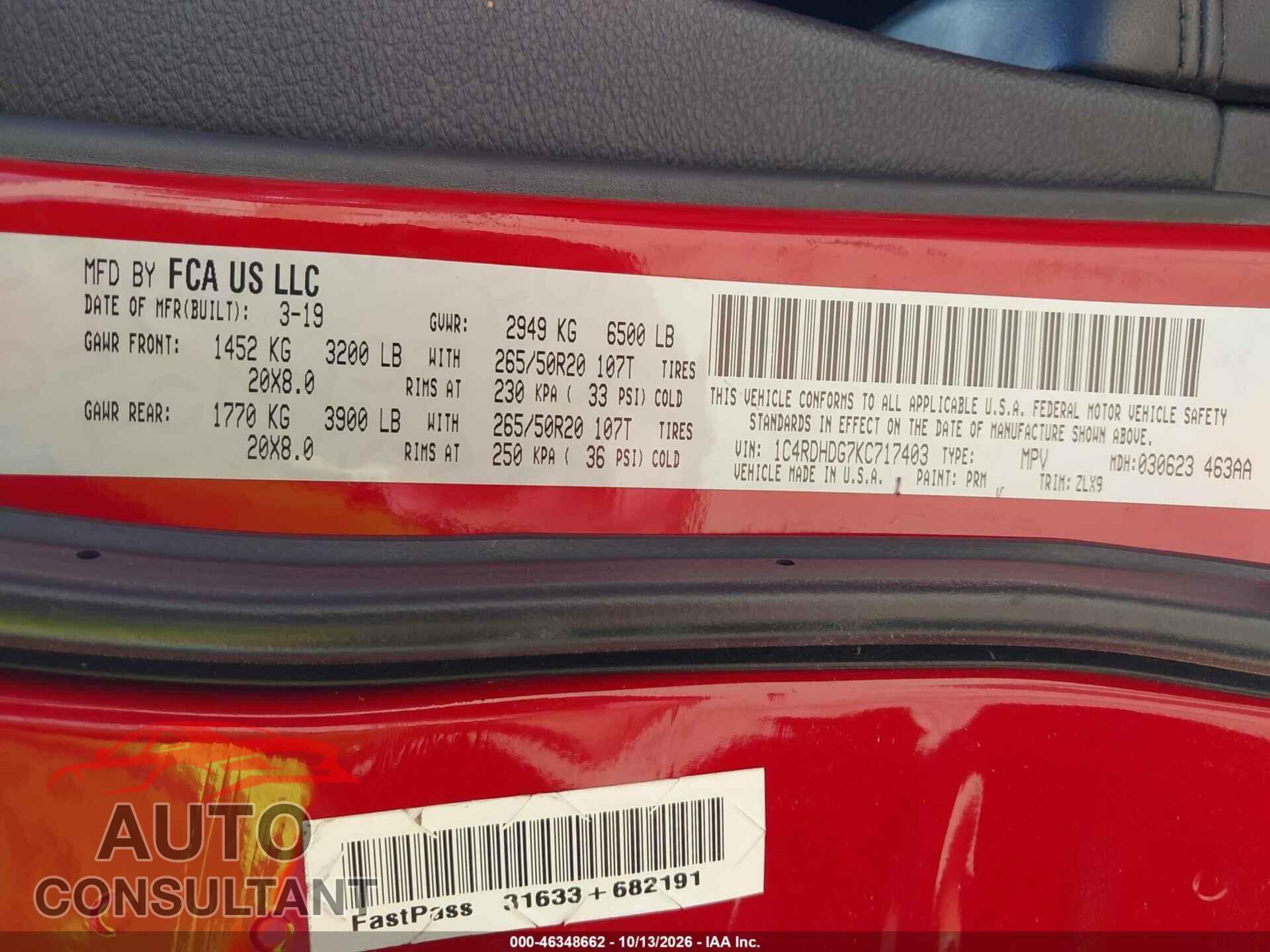 DODGE DURANGO 2019 - 1C4RDHDG7KC717403
