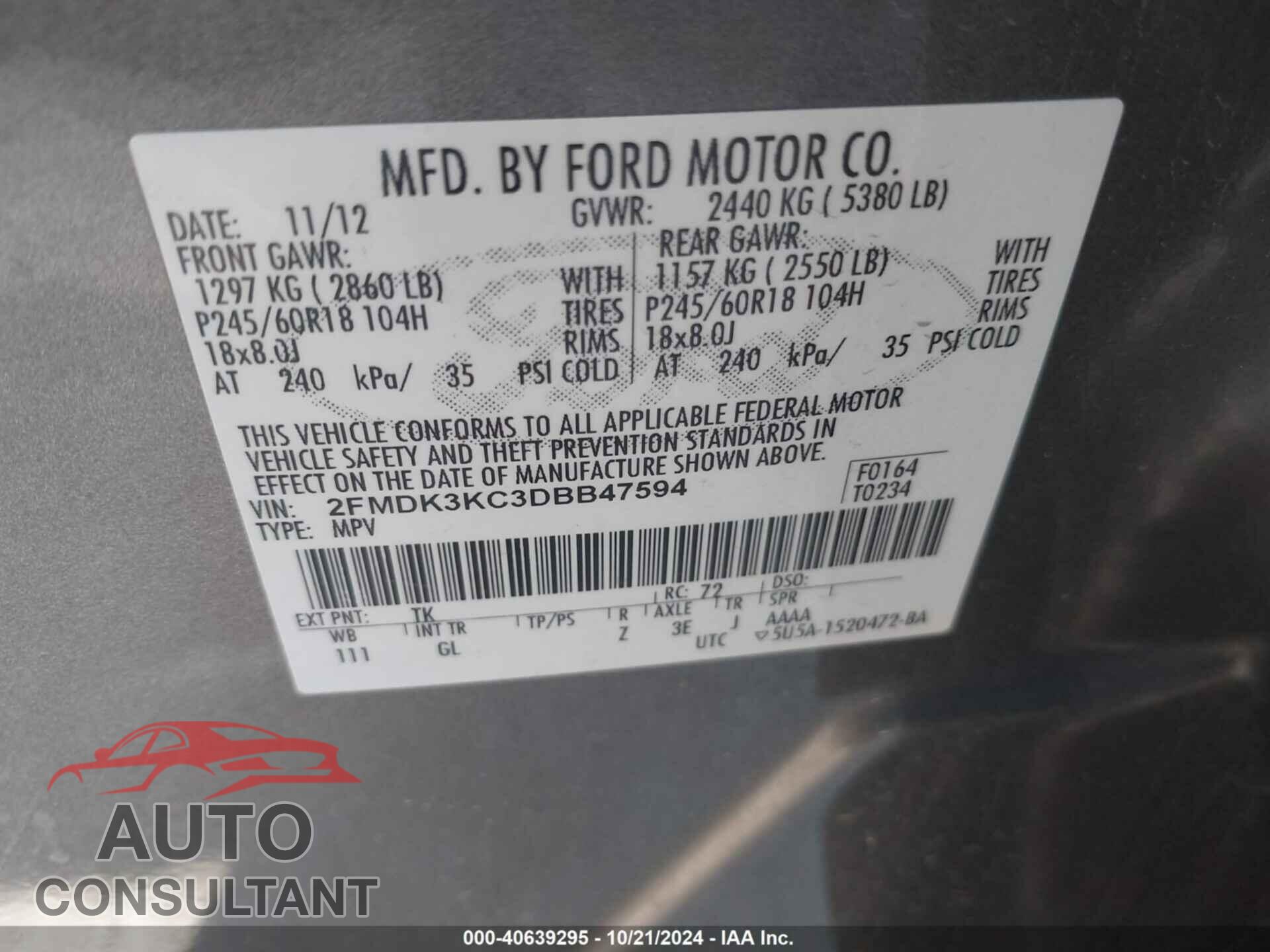 FORD EDGE 2013 - 2FMDK3KC3DBB47594